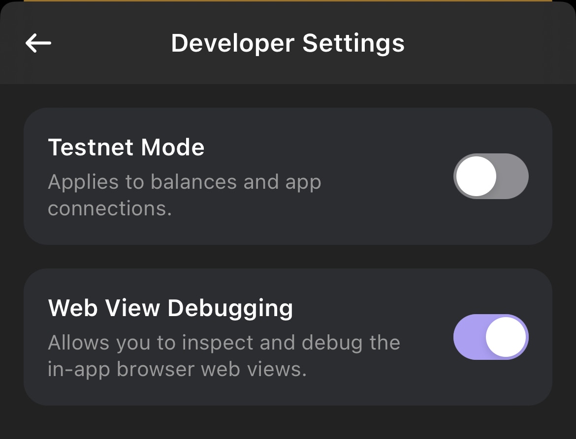 Developer Settings menu in the Phantom browser extension