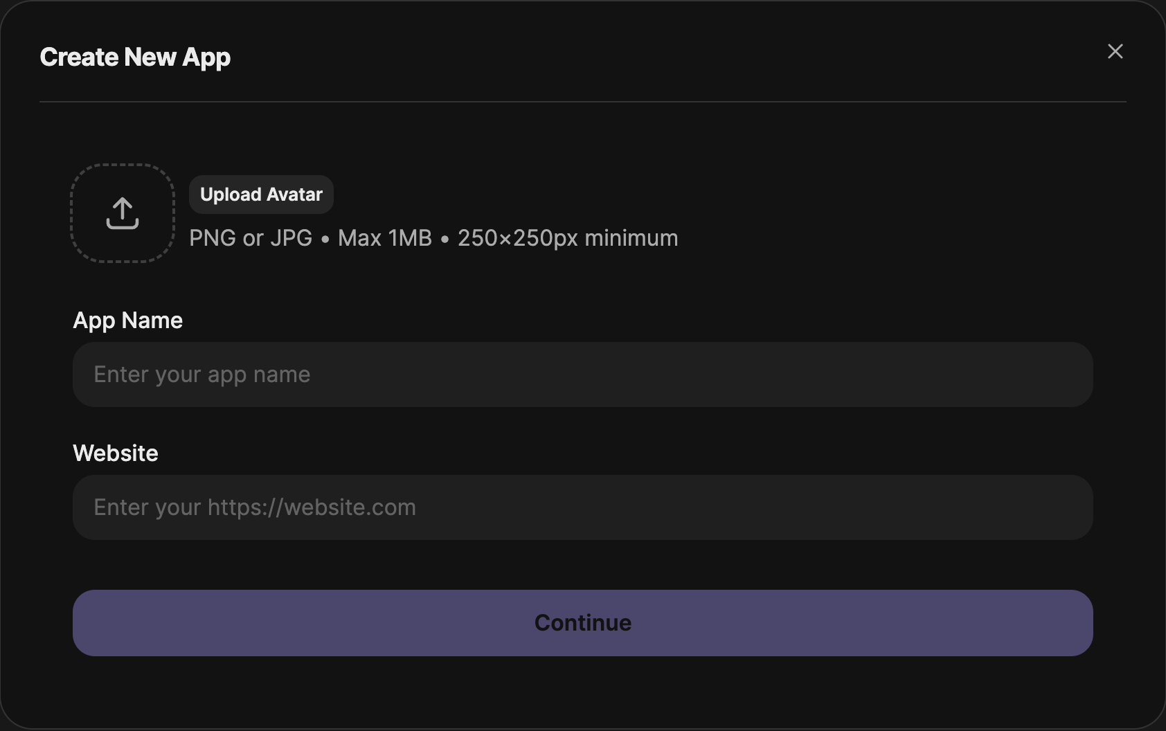 Create New App modal showing app creation form