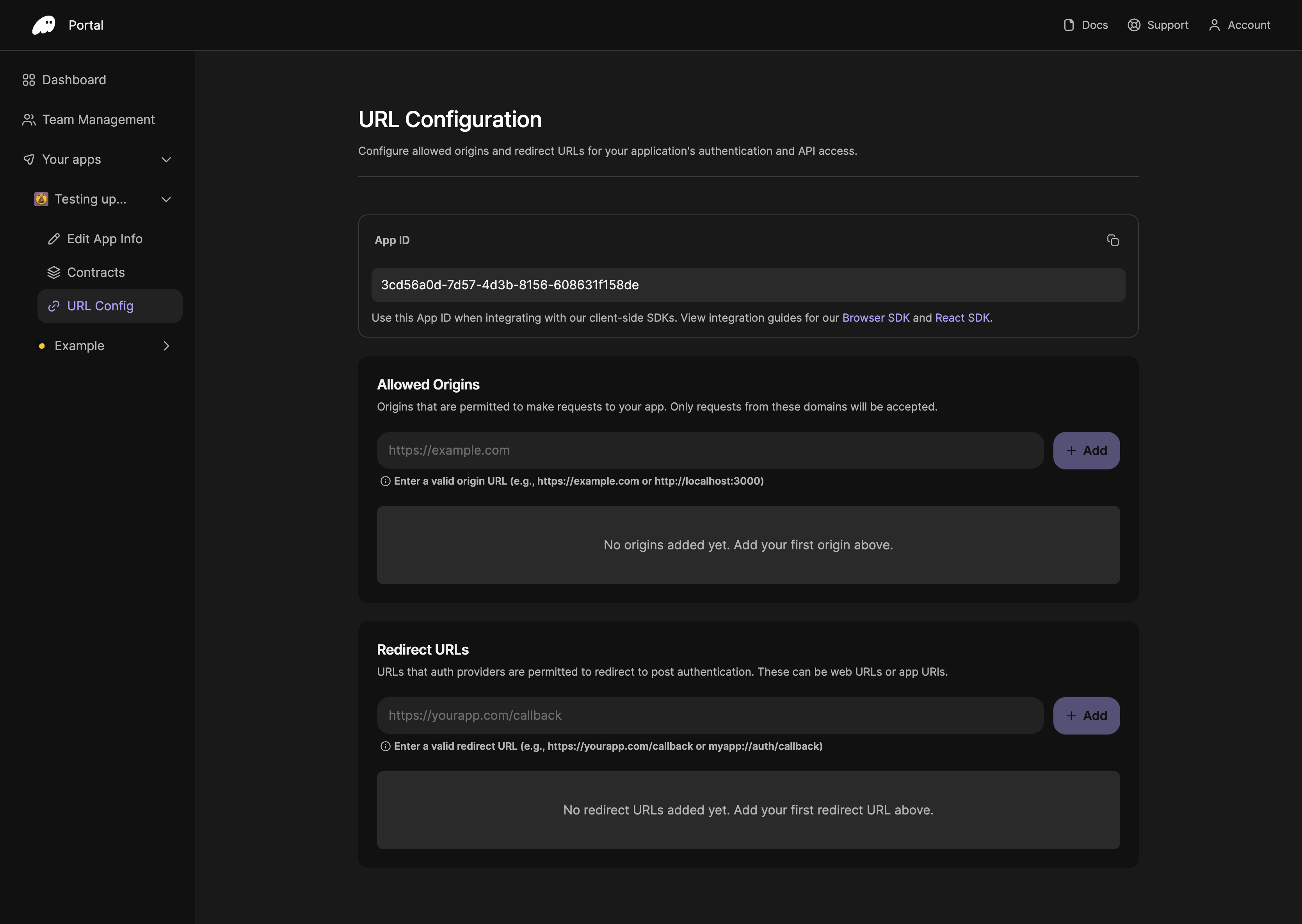 URL Configuration page showing App ID