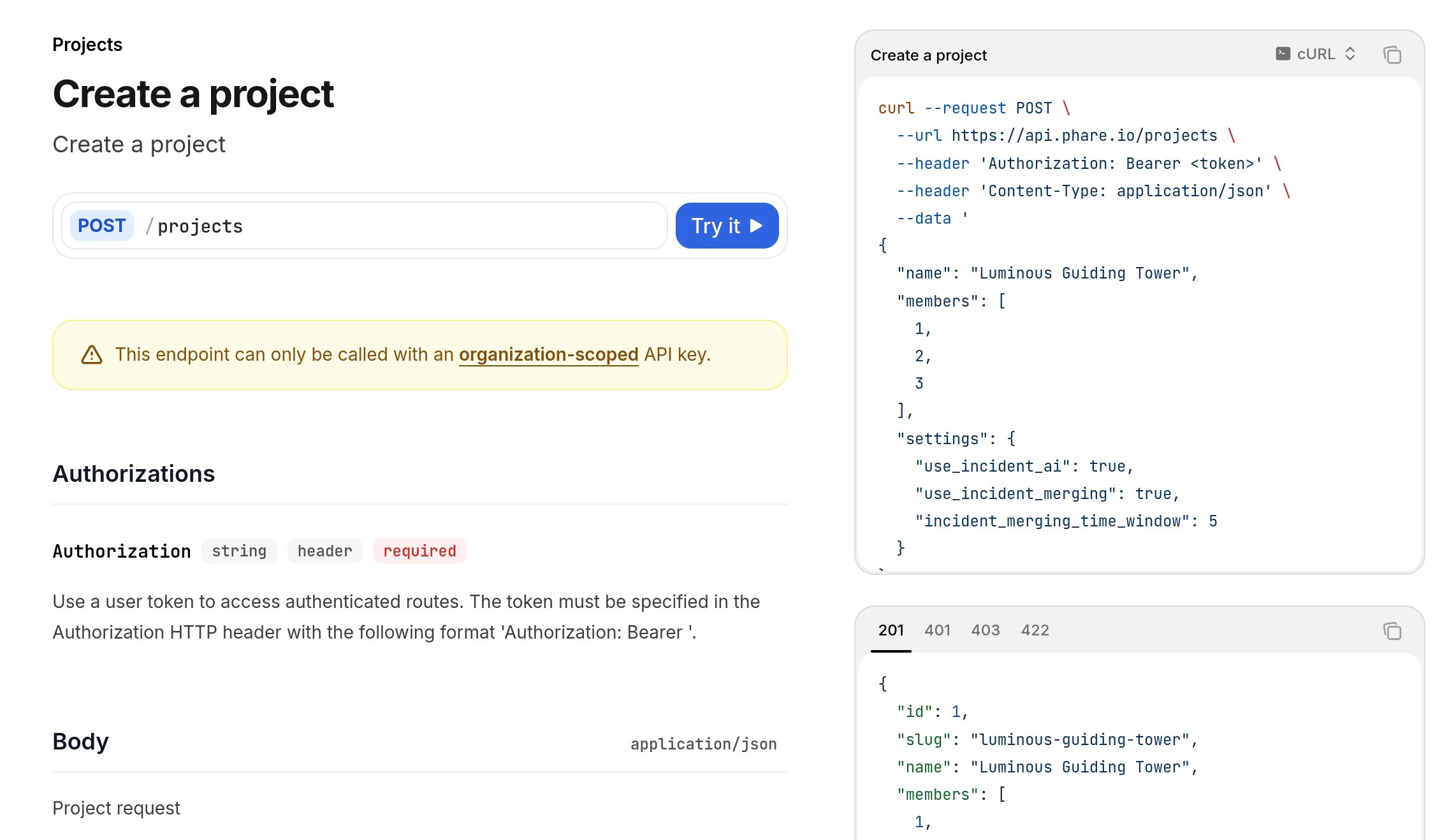 New project API endpoints