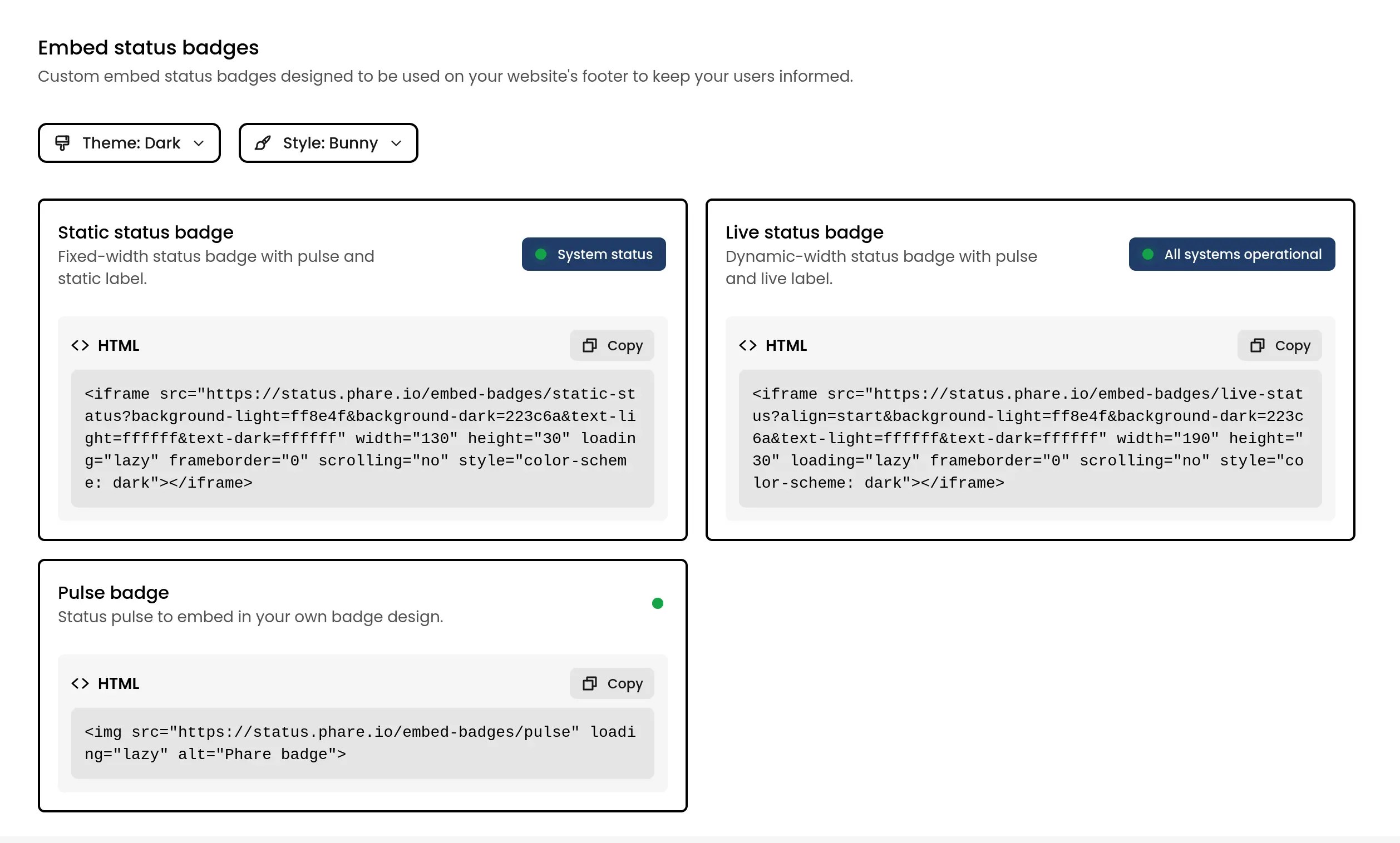 Embed status badges