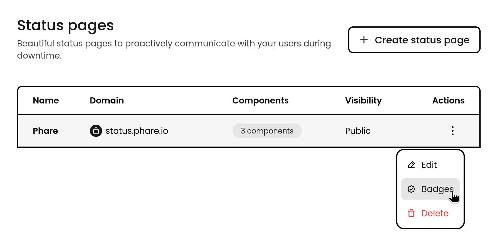 Status badges menu