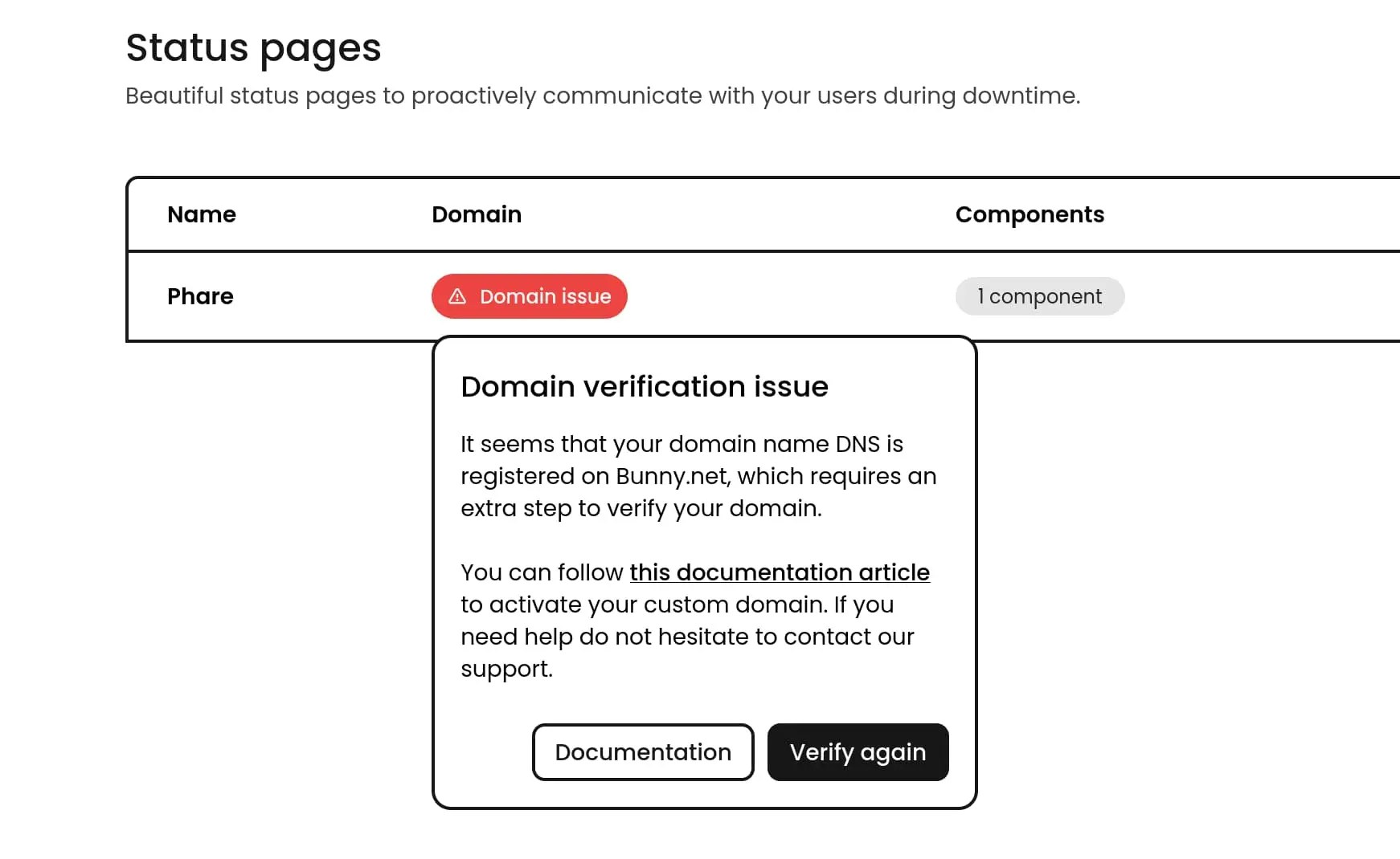 Verify failed status page domain