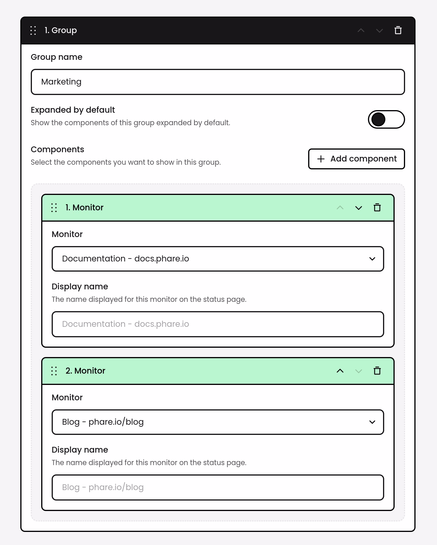 Status page component groups