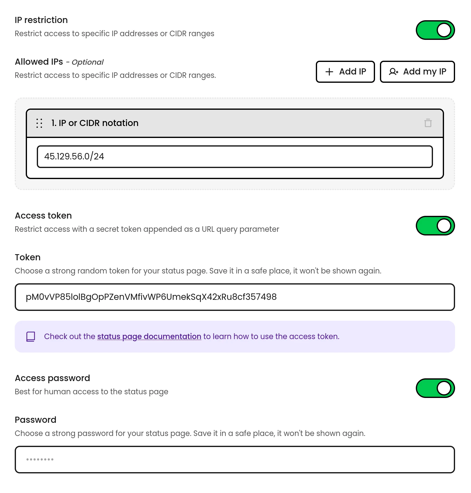Private status pages