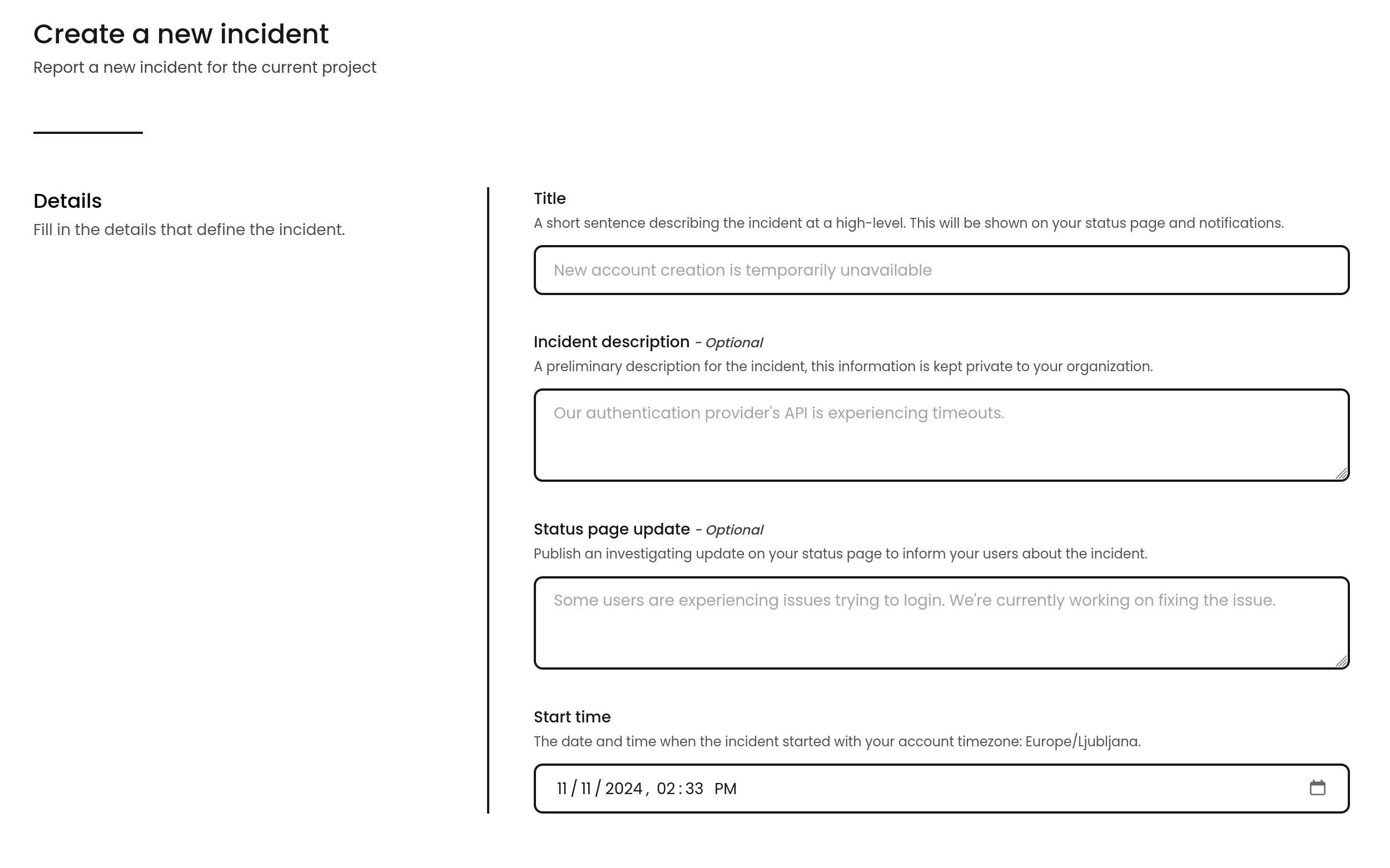 Incident updates at creation