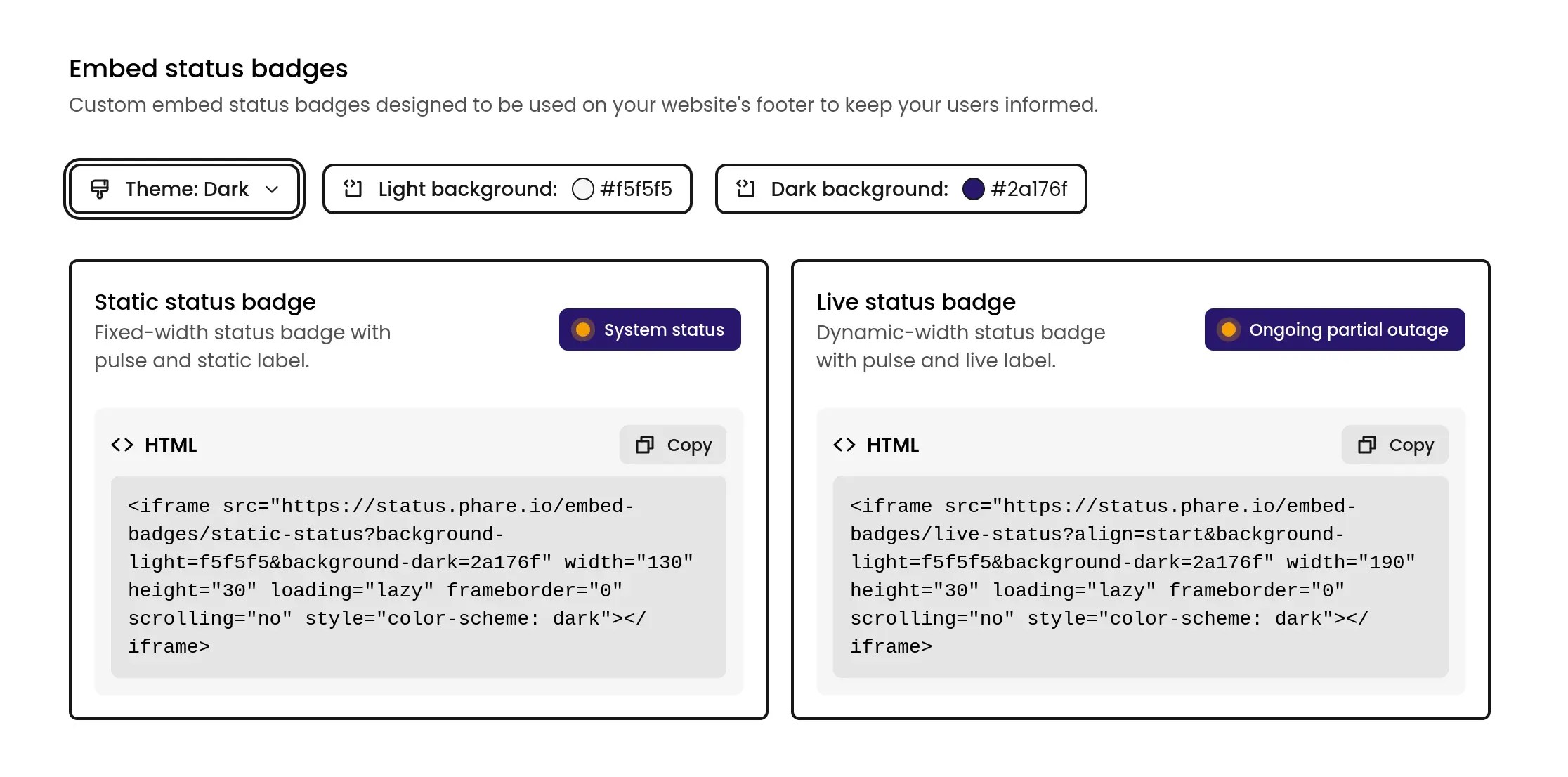 Embed status badges customization