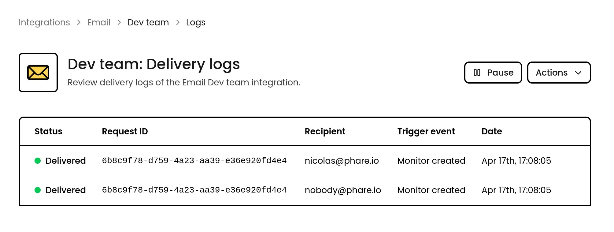 Recipient delivery logs