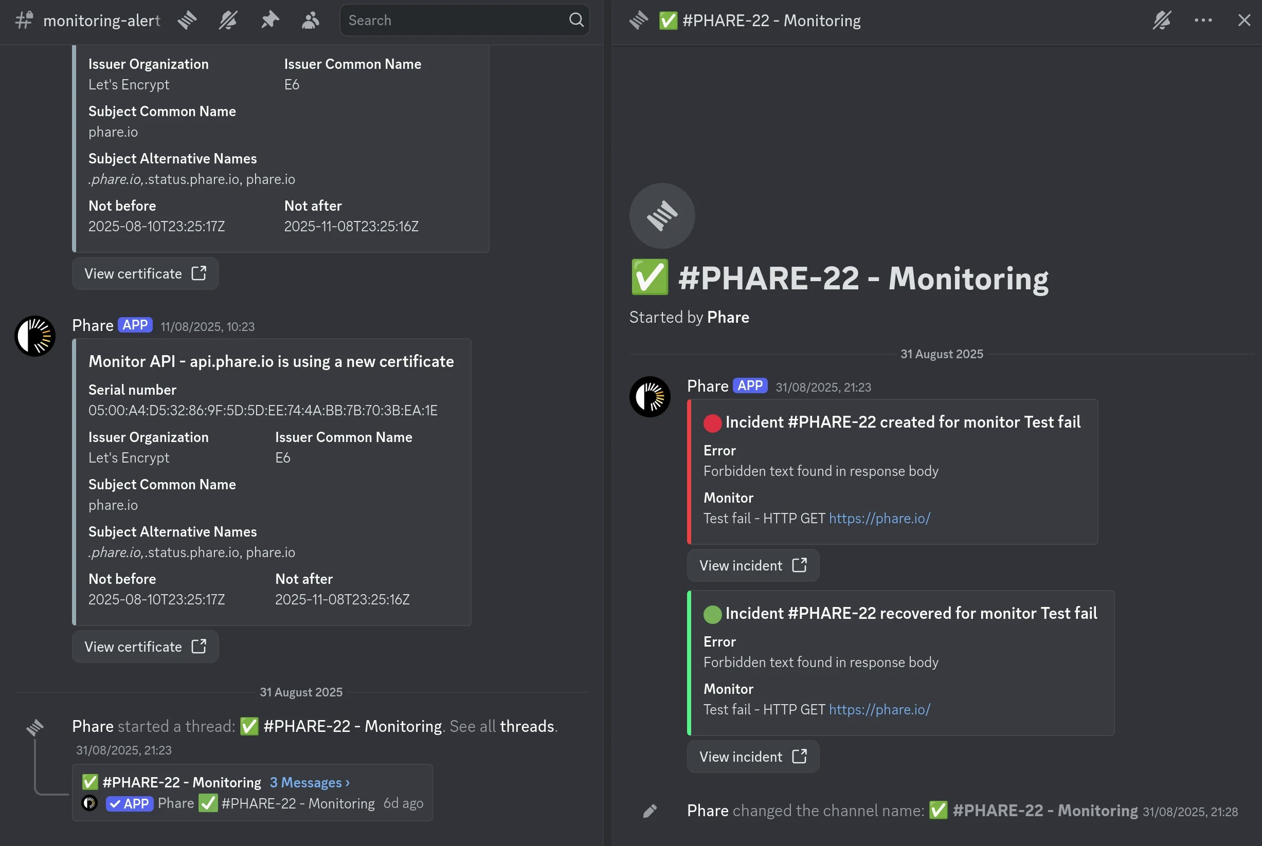 Phare incident threads on Discord