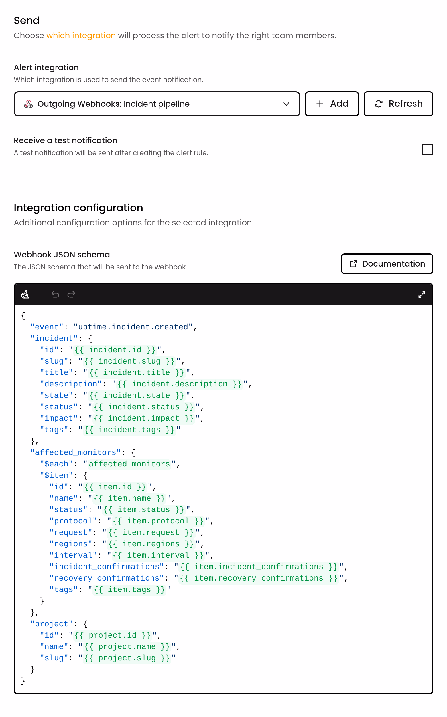 Outgoing webhooks alert rule