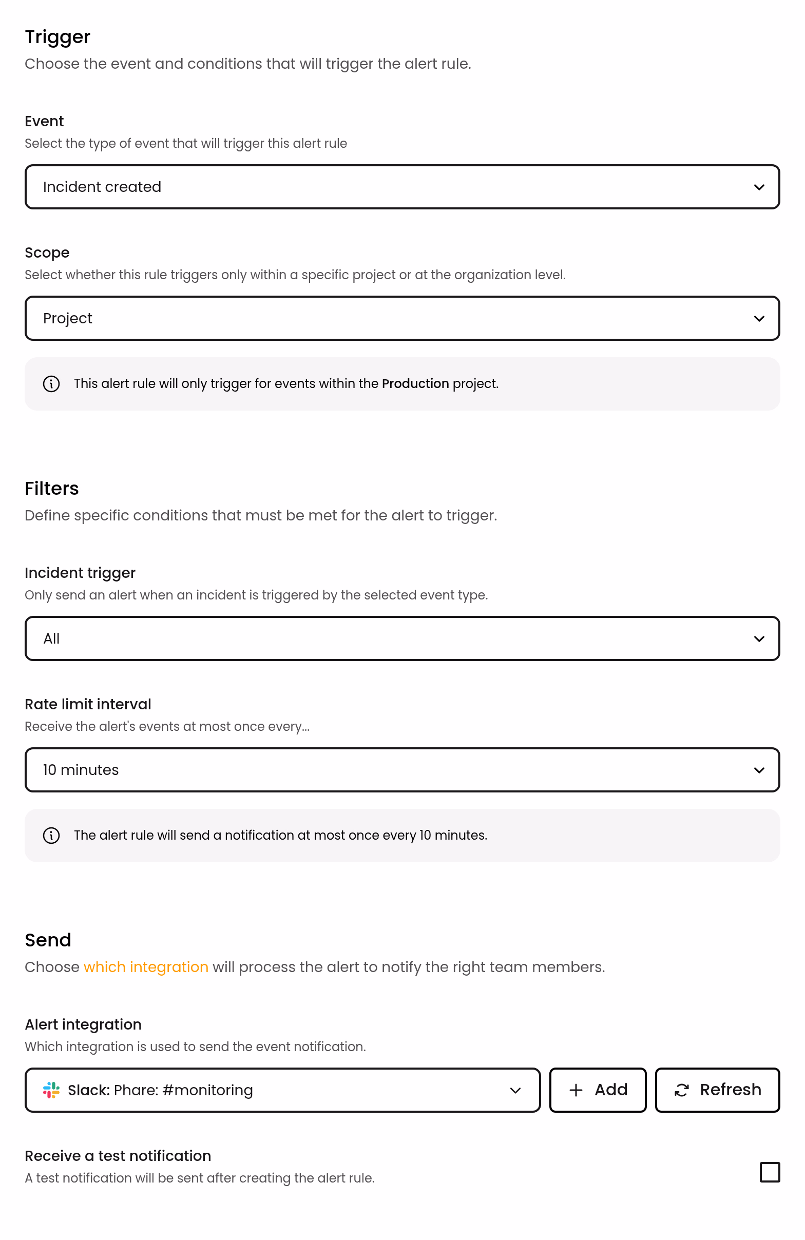 Event, scope, rate limit and integration of an alert rule