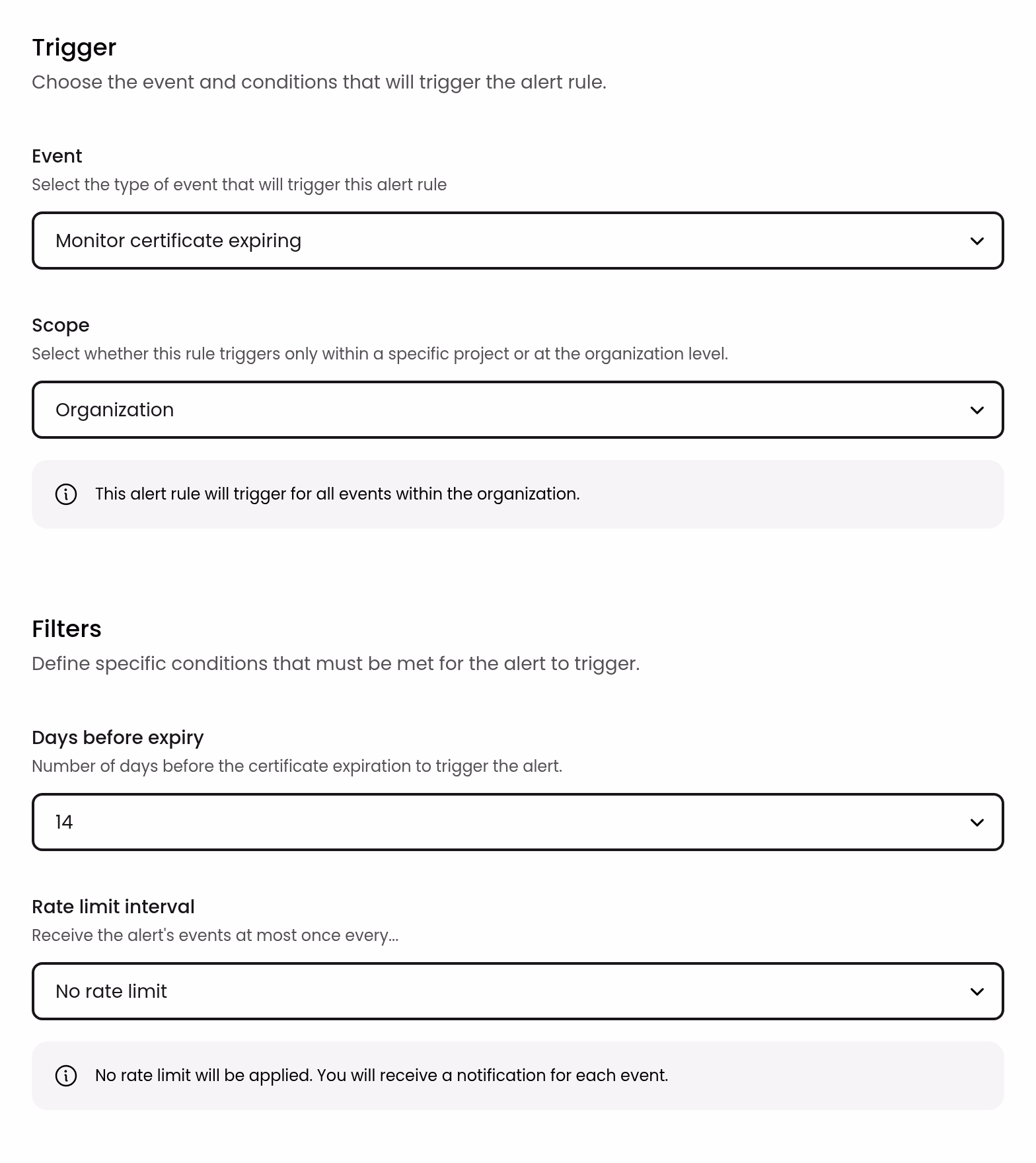 Alert rule sent 14 days before a certificate expires