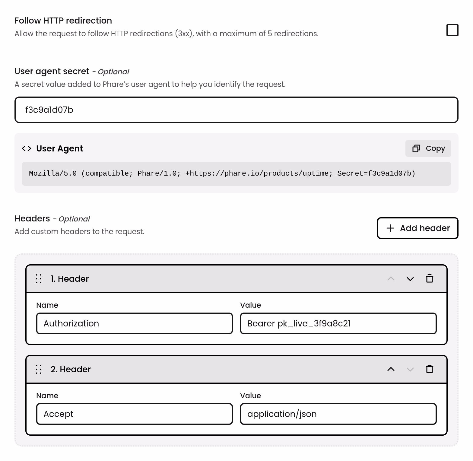 Follow redirects, user agent secret and headers settings