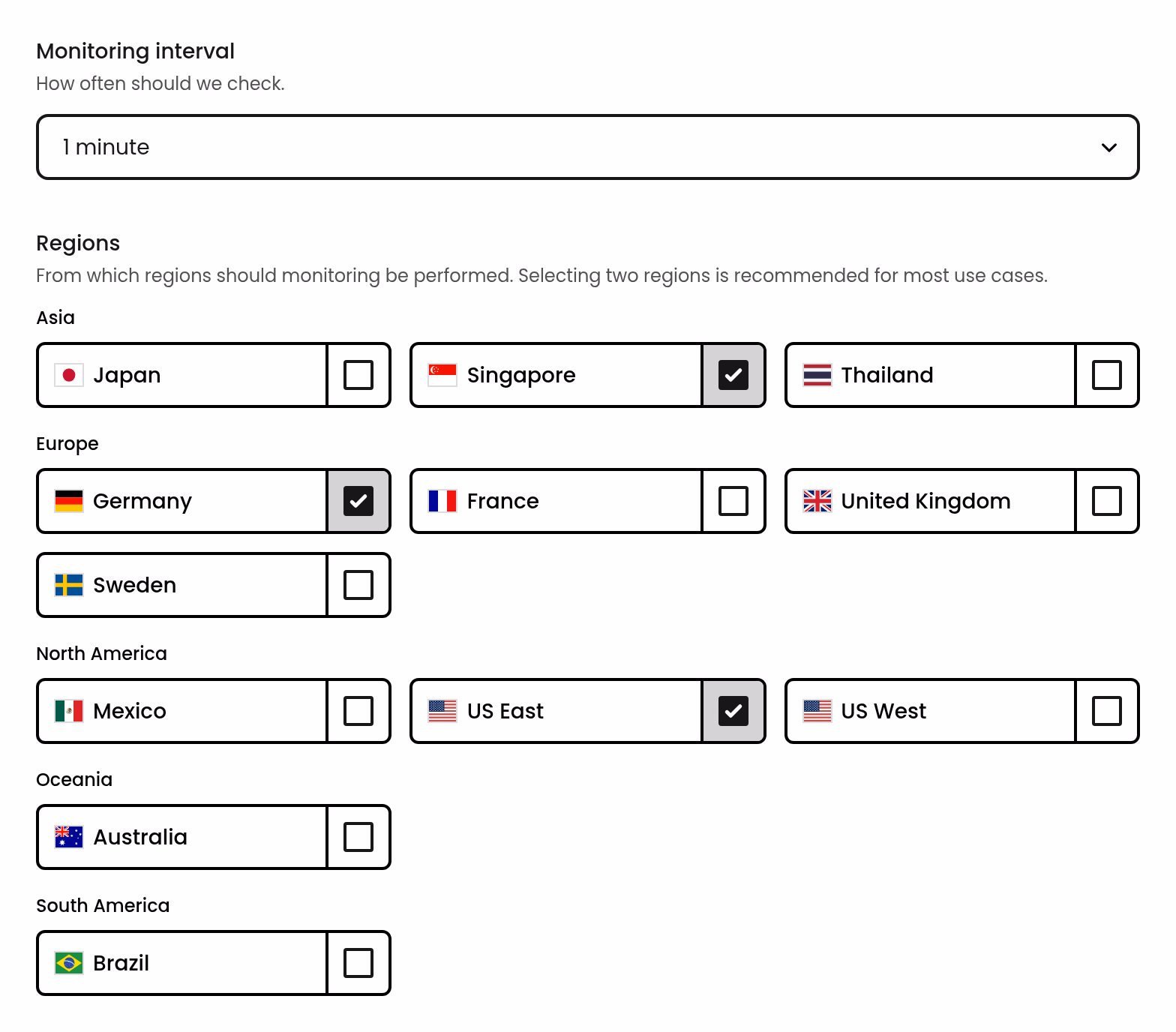 Monitoring interval and regions settings