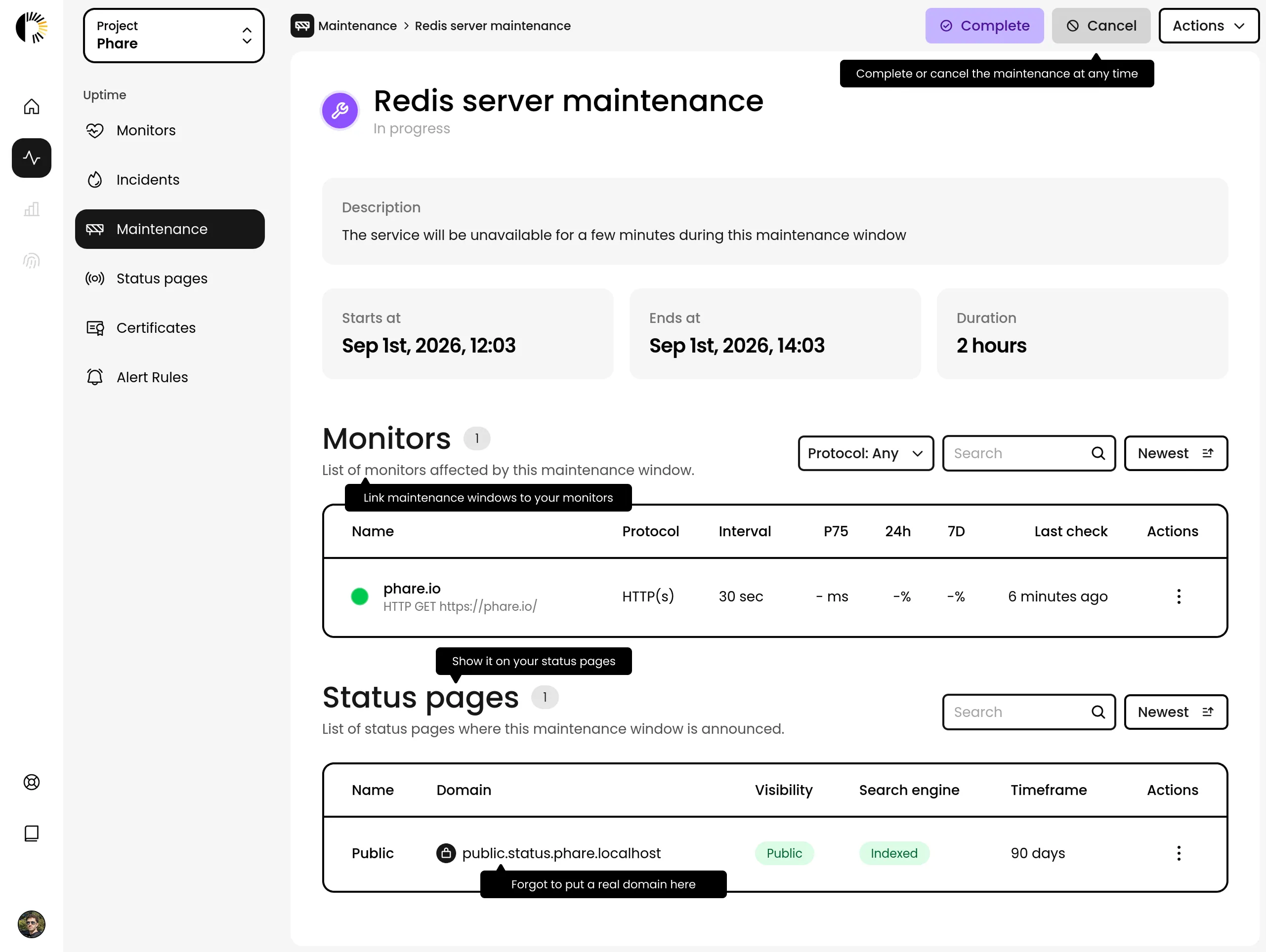 Maintenance window shown on a Phare status page