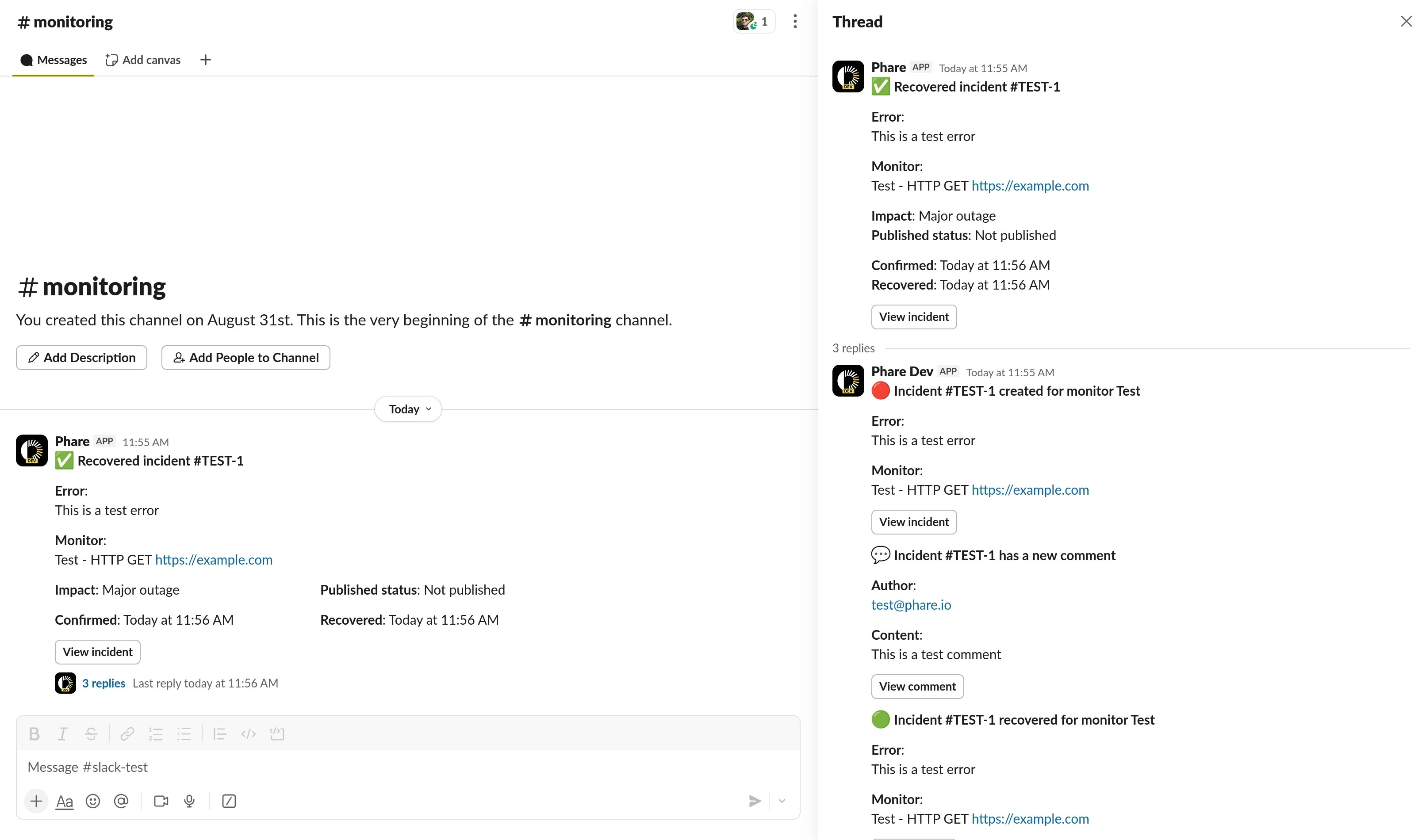 Phare incident threads on Slack
