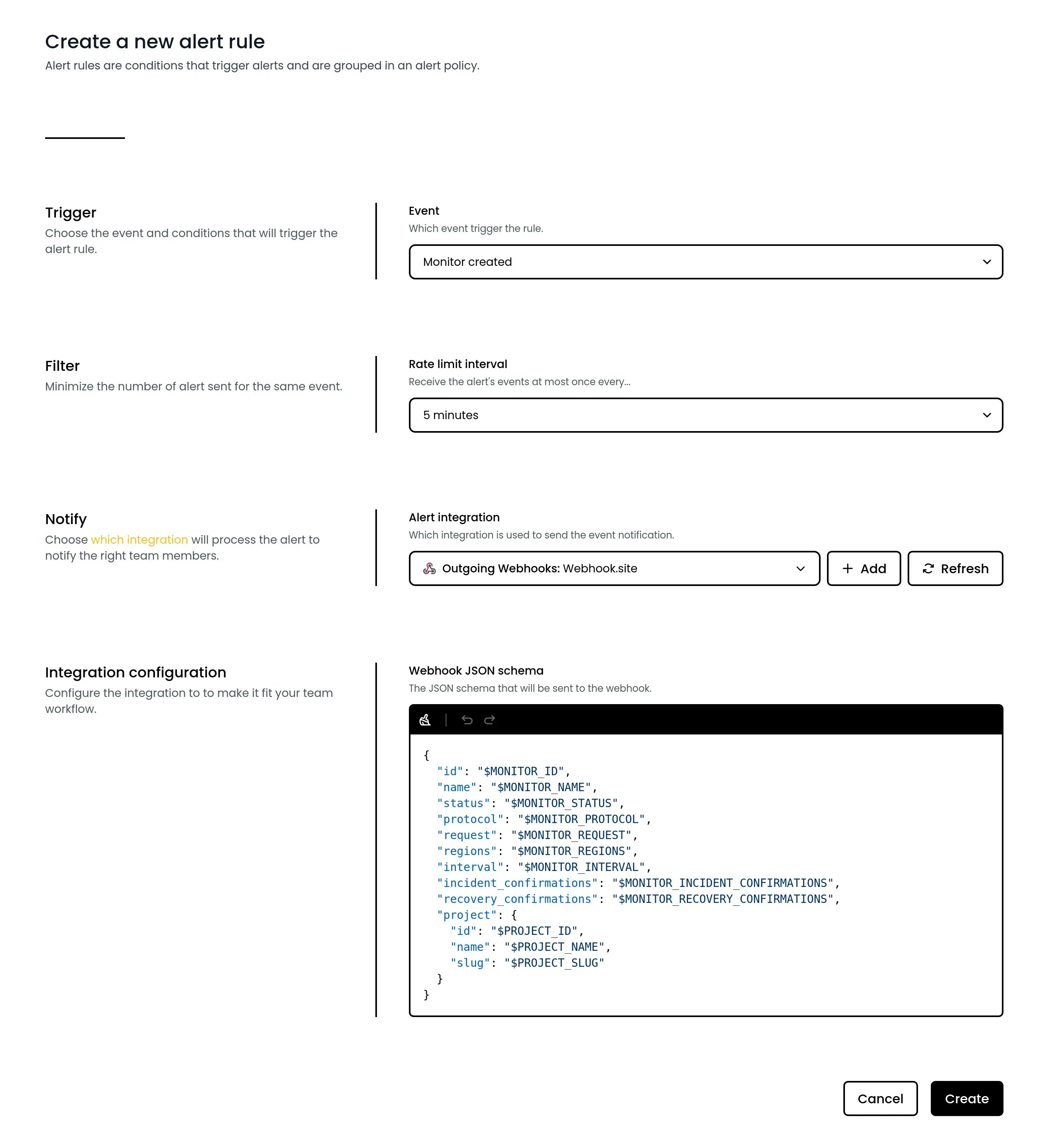 Outgoing webhooks alert rules