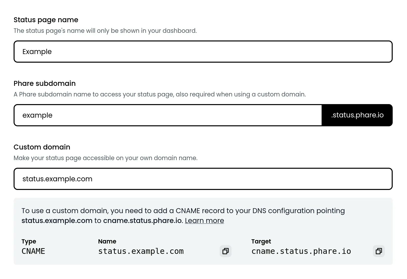 Custom domain status pages