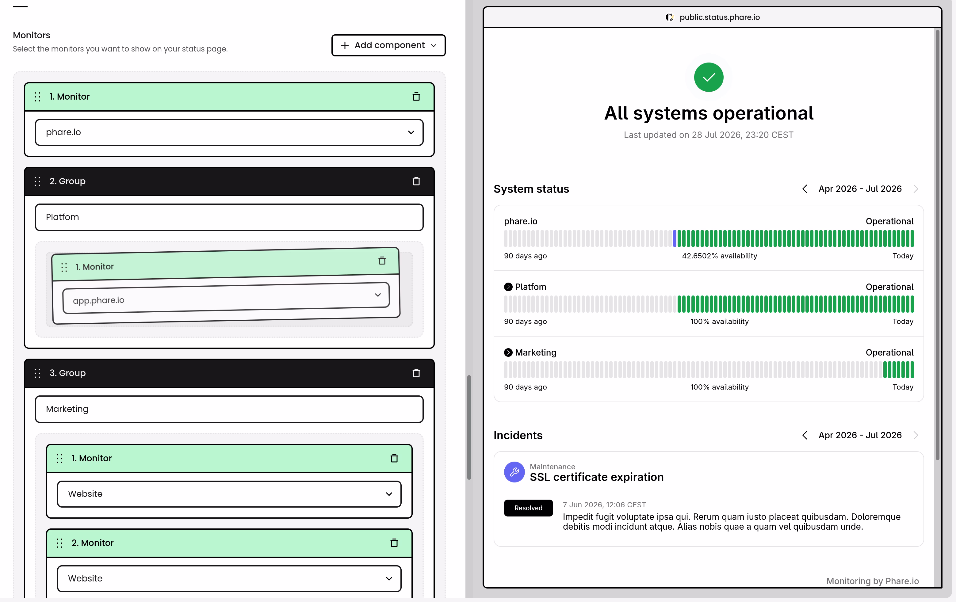 Status page component groups