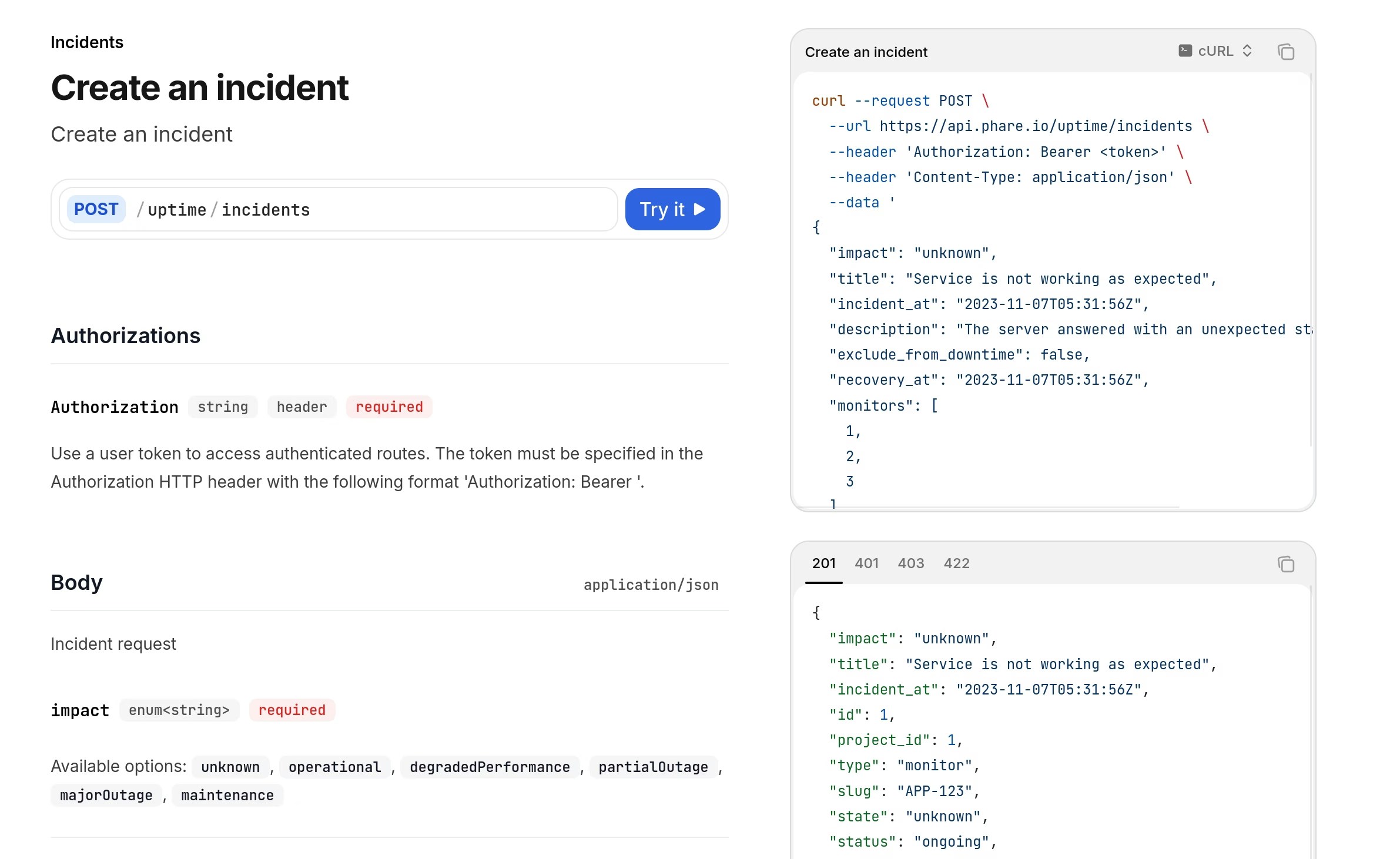 Create update and recover incidents using the Phare API