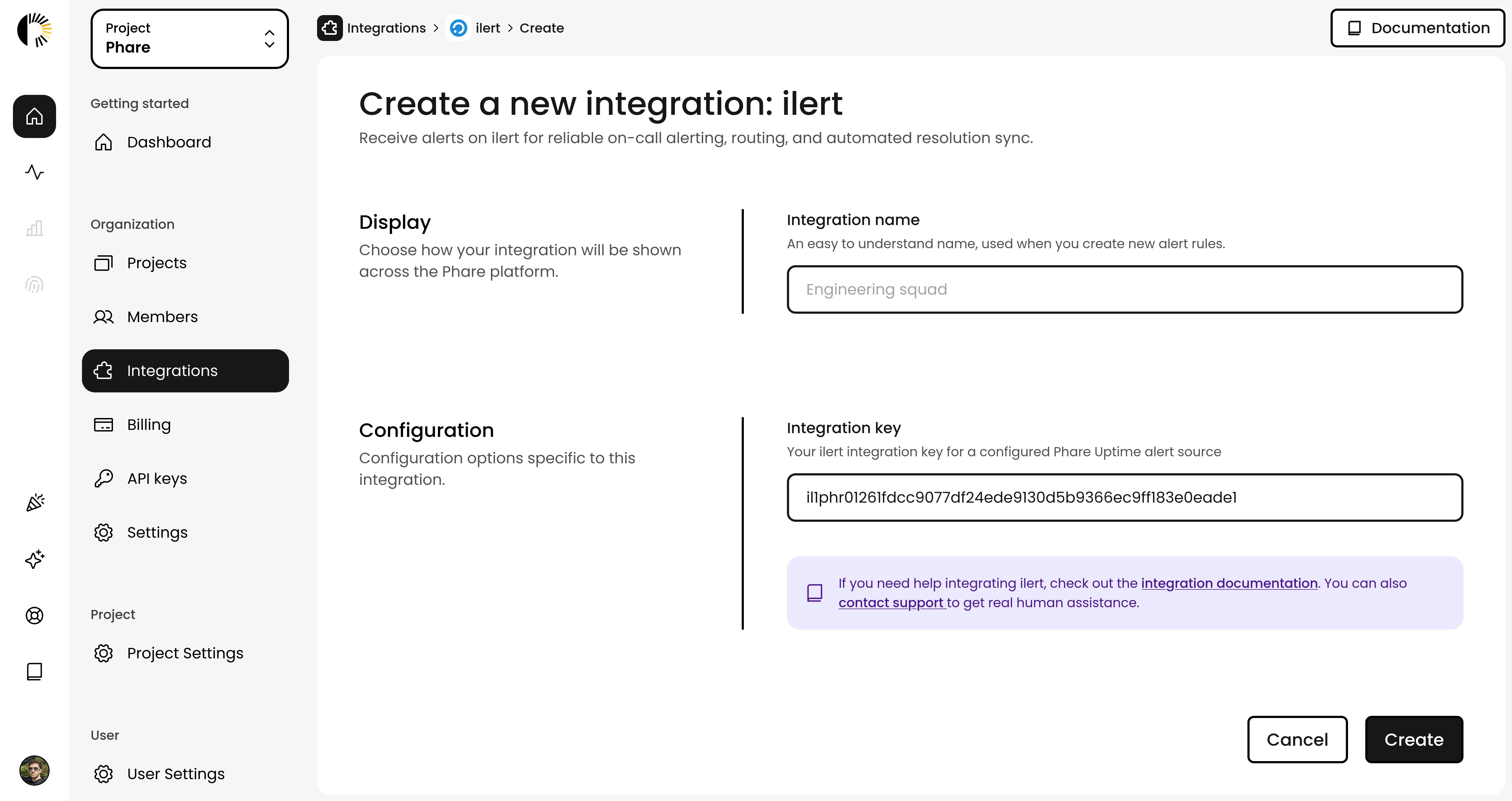 Create and configure the ilert integration in Phare