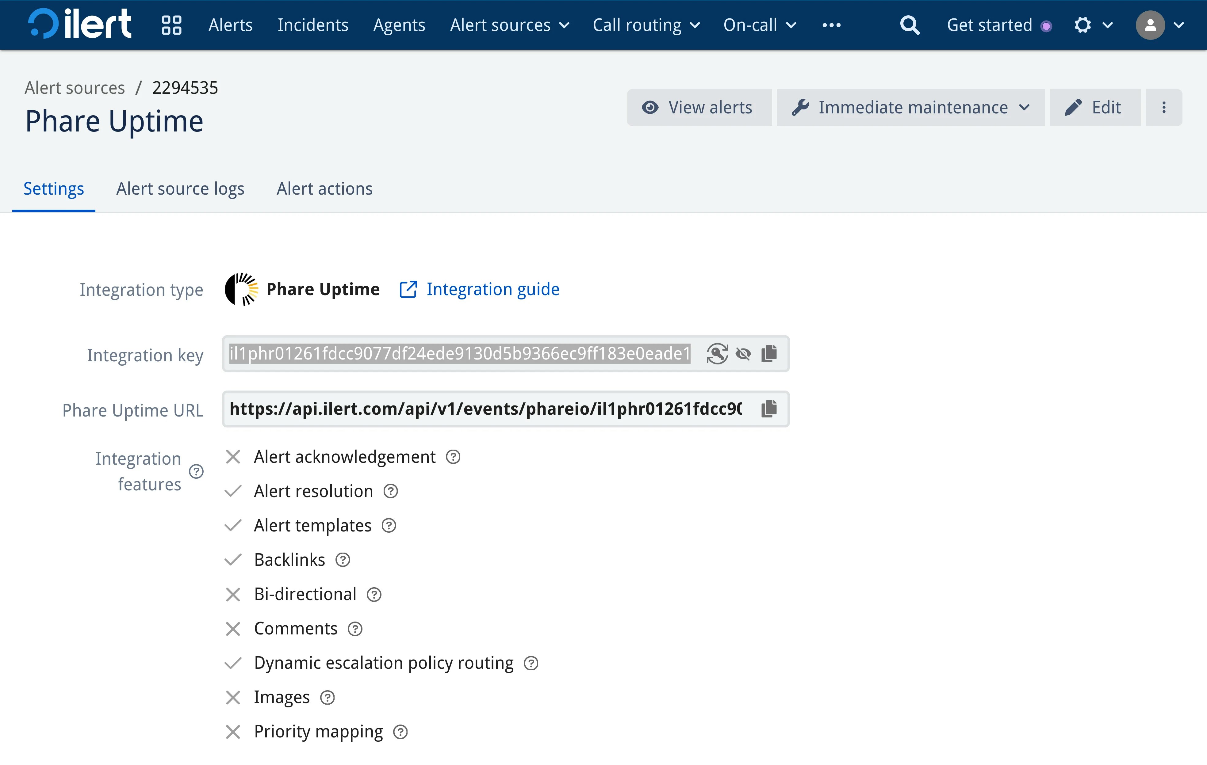Phare integration key in ilert