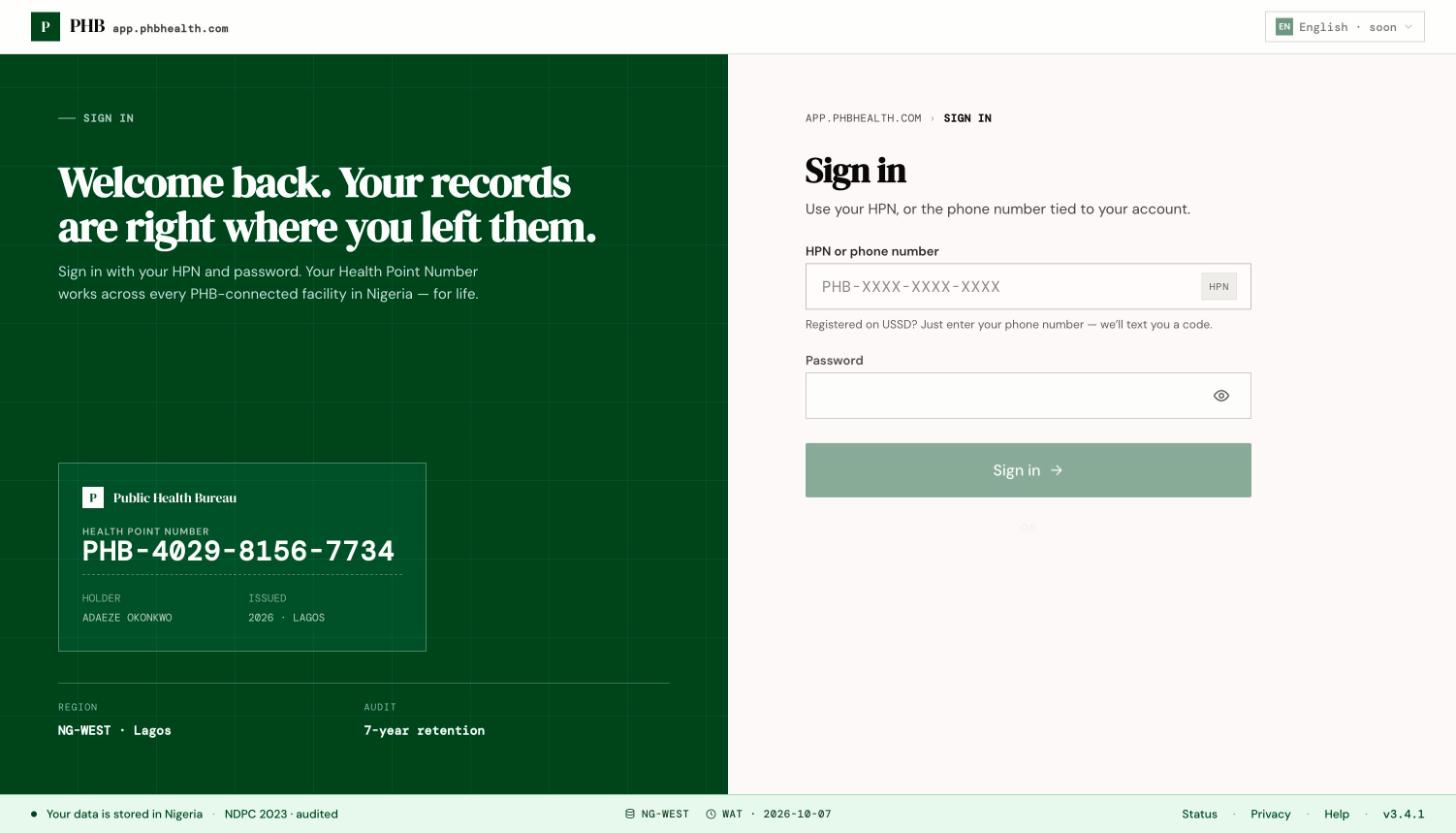 The patient sign-in page with an HPN or phone number box and a password box.