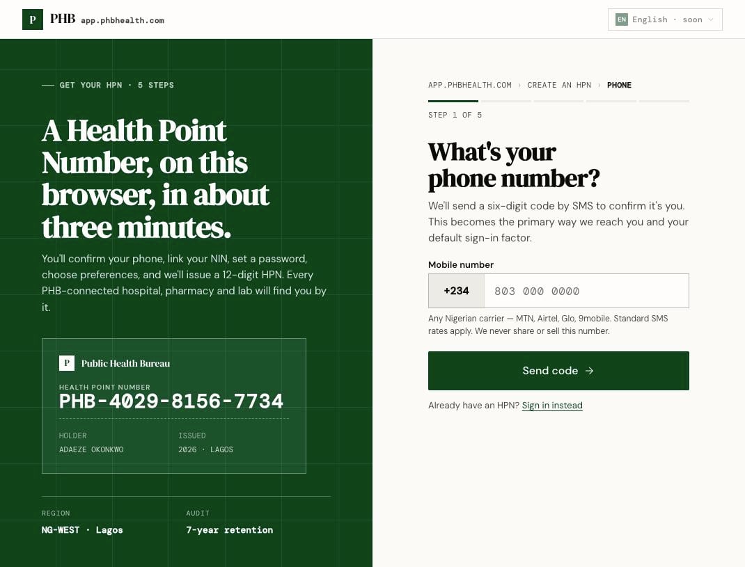 Step 1 of 5 of online registration, asking for a mobile number.