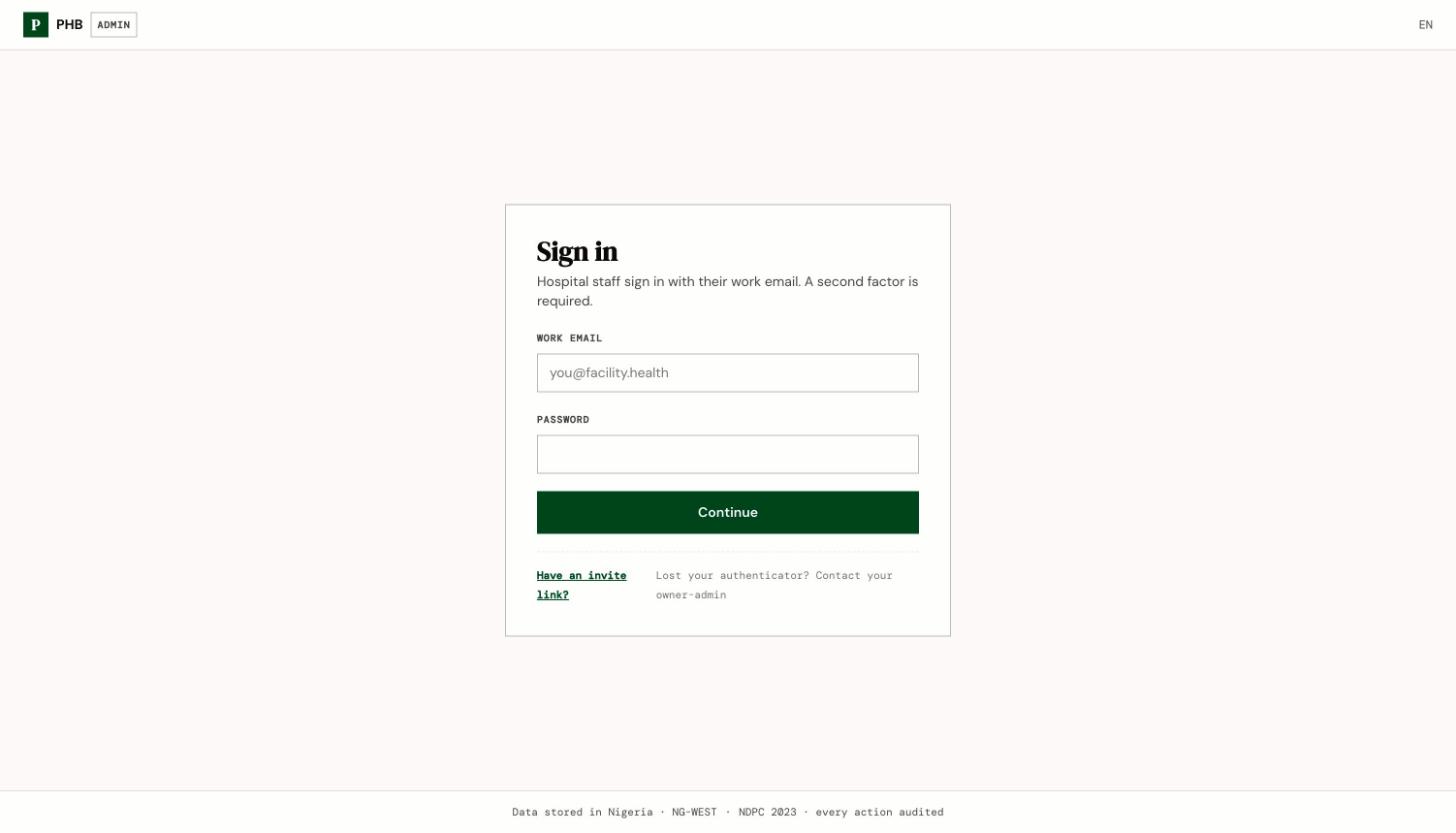 The hospital staff sign-in page with a work email box, a password box and a Continue button.