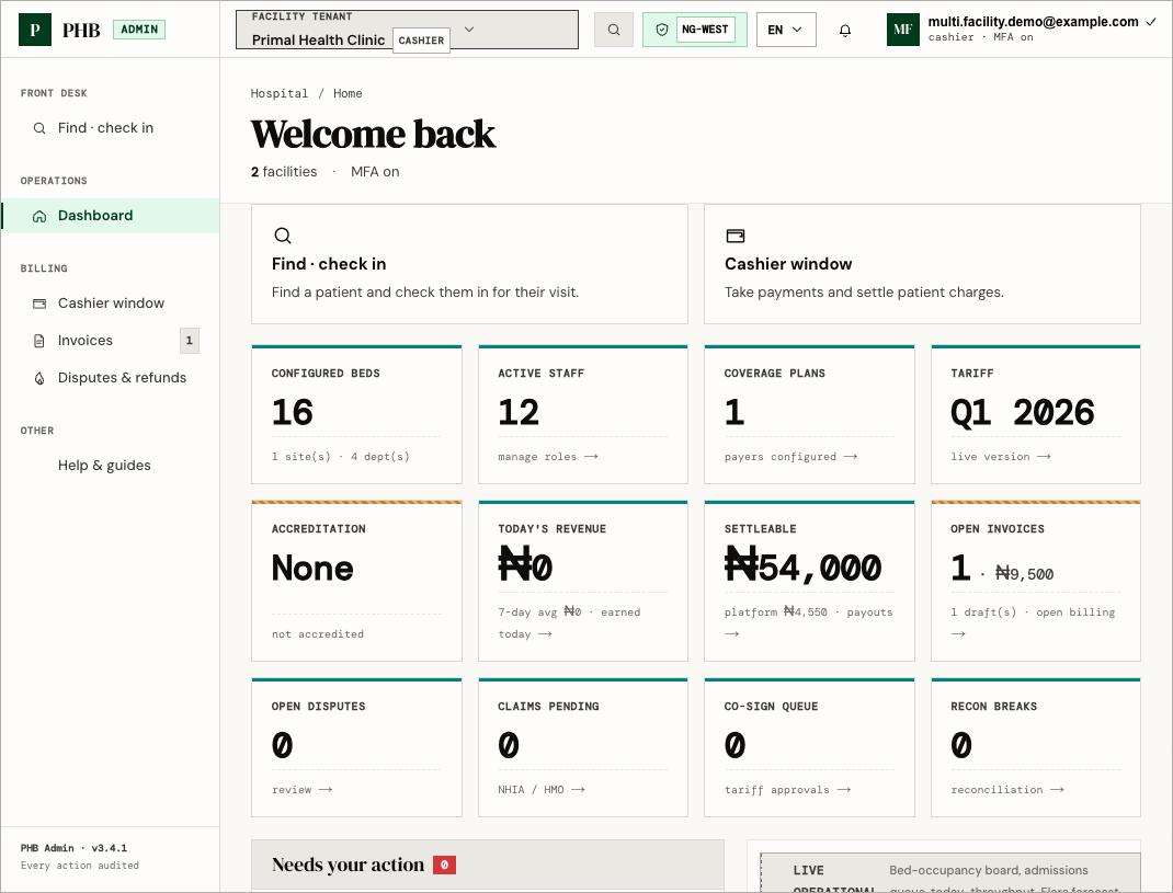 The hospital dashboard as a cashier sees it, with Find check in and Cashier window shortcuts and tiles for beds, staff, tariff and invoices.