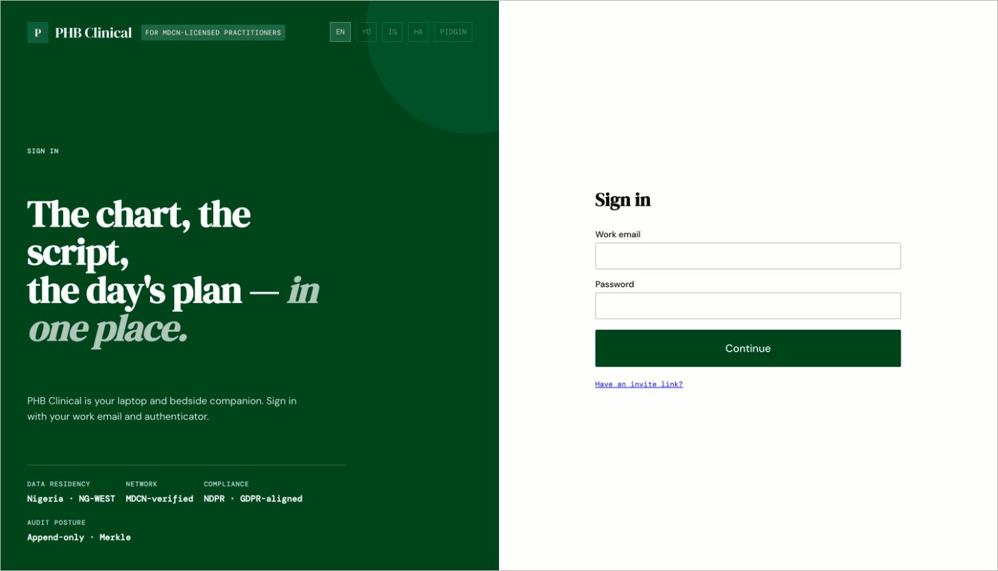 The PHB Clinical sign-in page with a work email box and a password box.