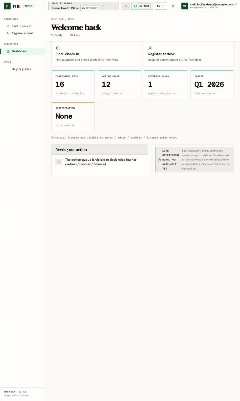 The front desk dashboard with Find check in and Register at desk shortcuts and facility tiles.
