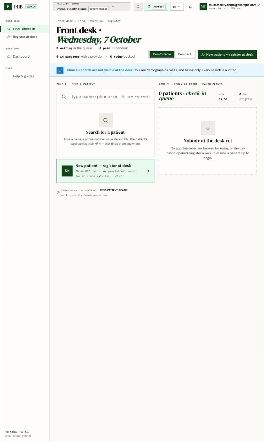 The Find check in screen with a search box and an empty check-in queue.