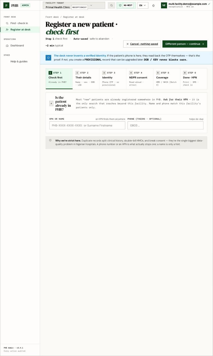 Step 1 of 6 of desk registration: check whether the patient is already in PHB, by HPN or phone.
