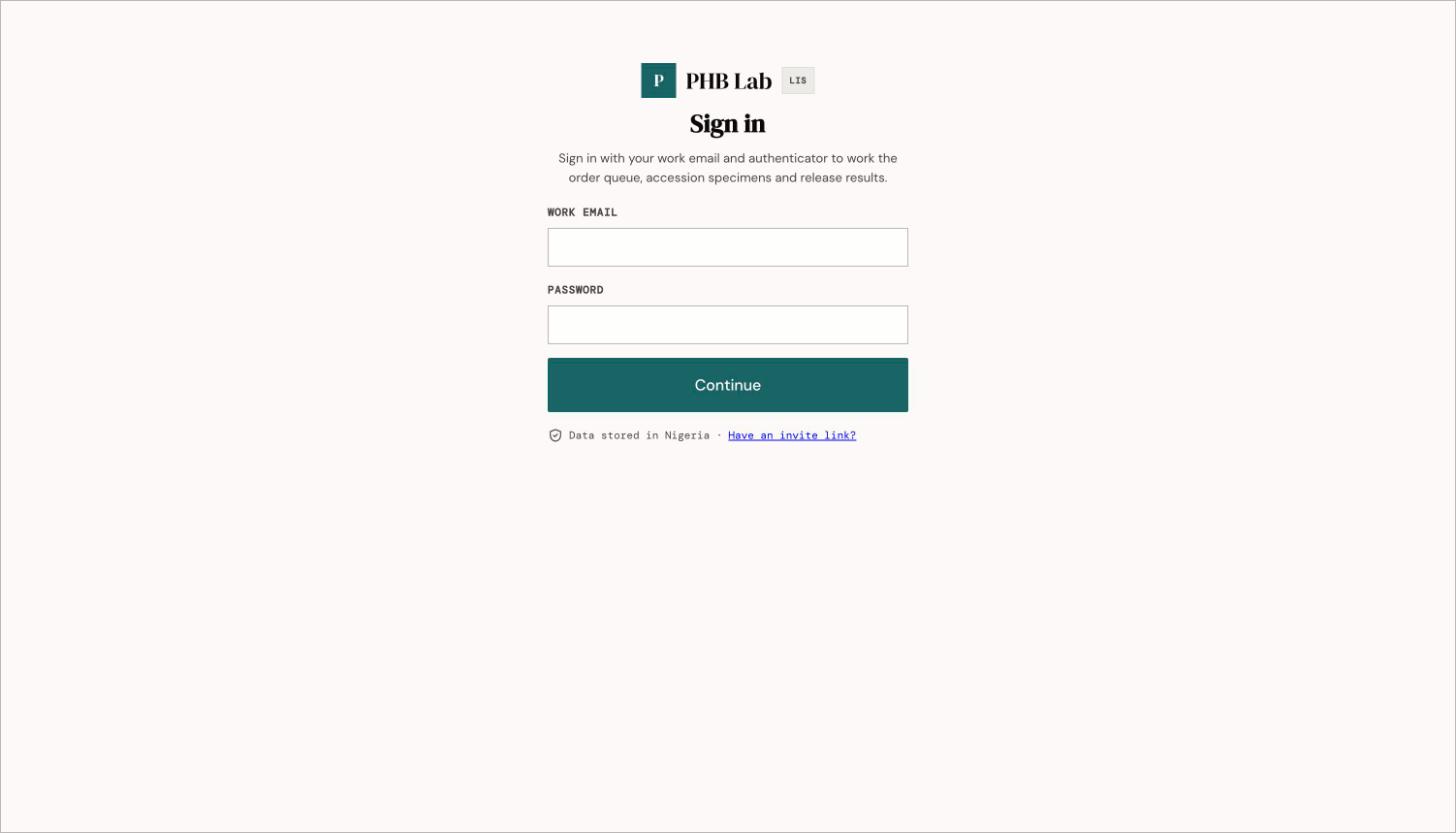 The PHB Lab sign-in page with a work email box and a password box.
