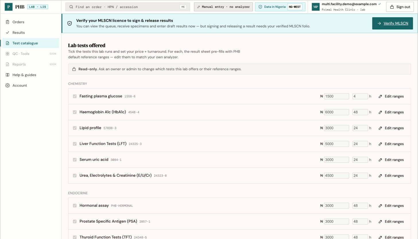 The lab Test catalogue screen listing chemistry tests with price and turnaround time, with a verify MLSCN licence banner at the top.