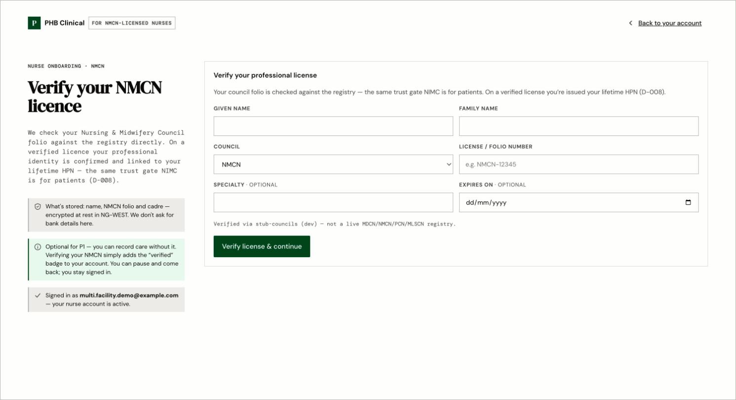 The Verify your NMCN licence page with name, council, licence number and expiry fields.