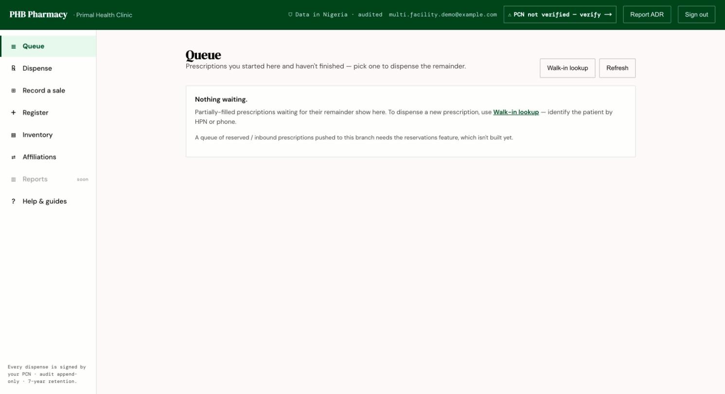The pharmacy workspace on the Queue tab, with the left menu Queue, Dispense, Record a sale, Register, Inventory and Affiliations.