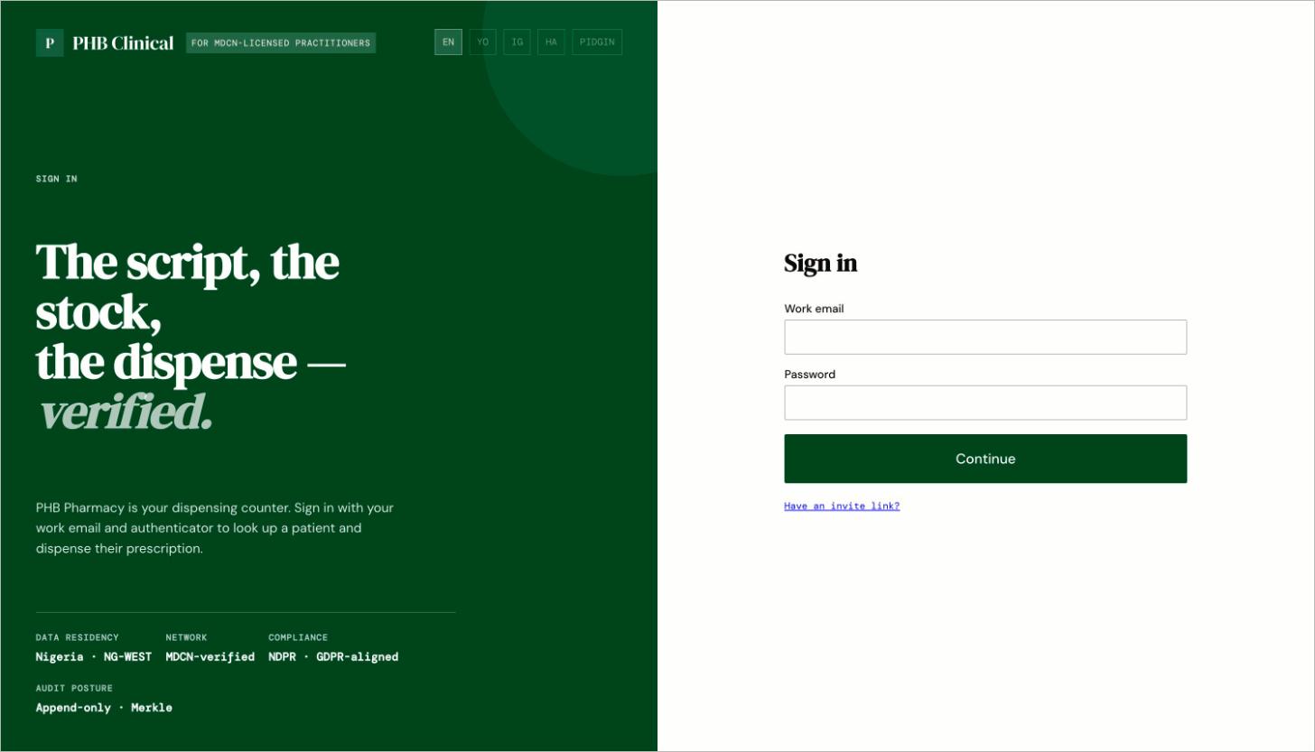 The pharmacy sign-in page, headed PHB Clinical, with a work email box and a password box.