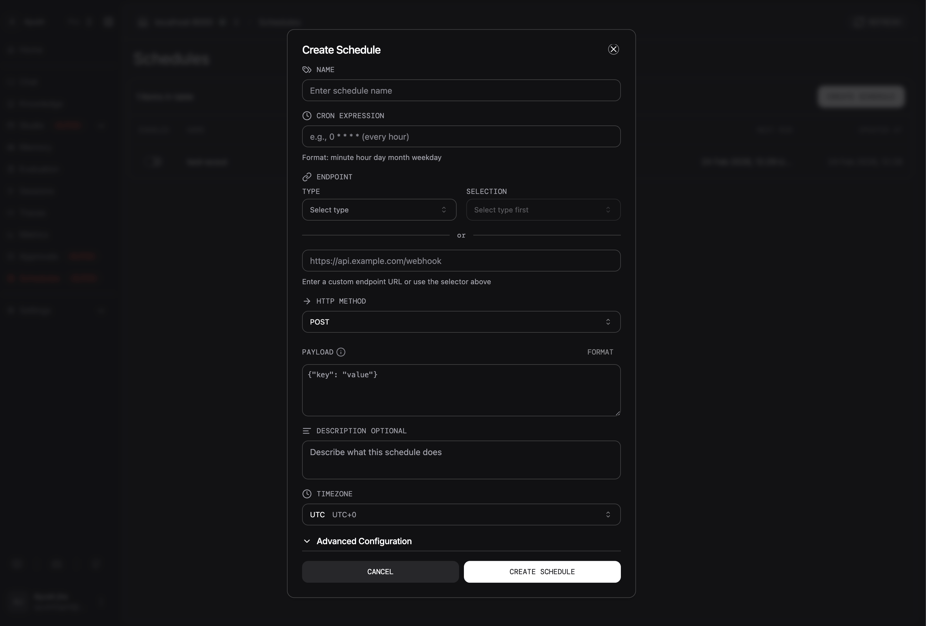 Create Schedule dialog in AgentOS