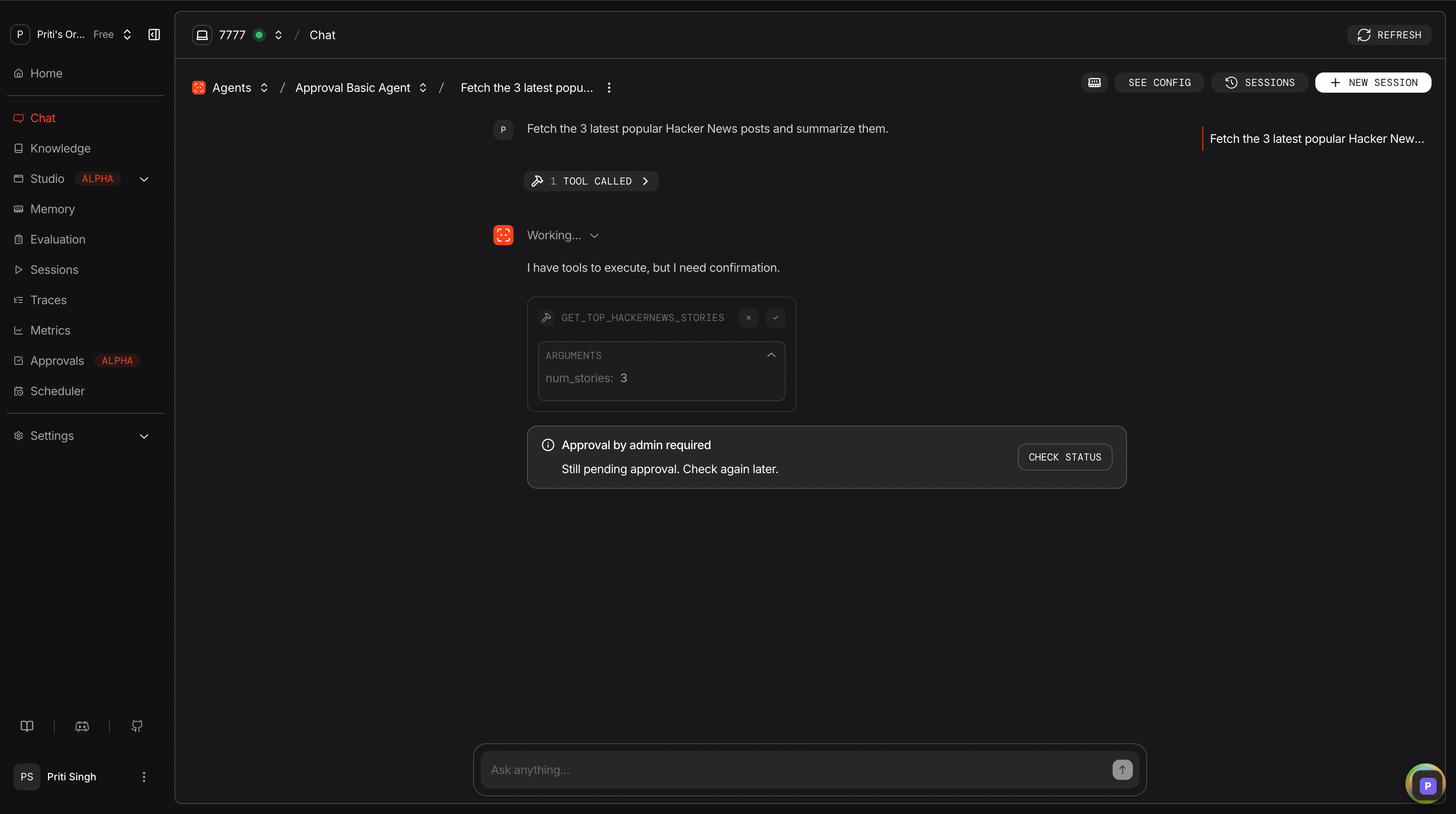 Approval required in agent chat