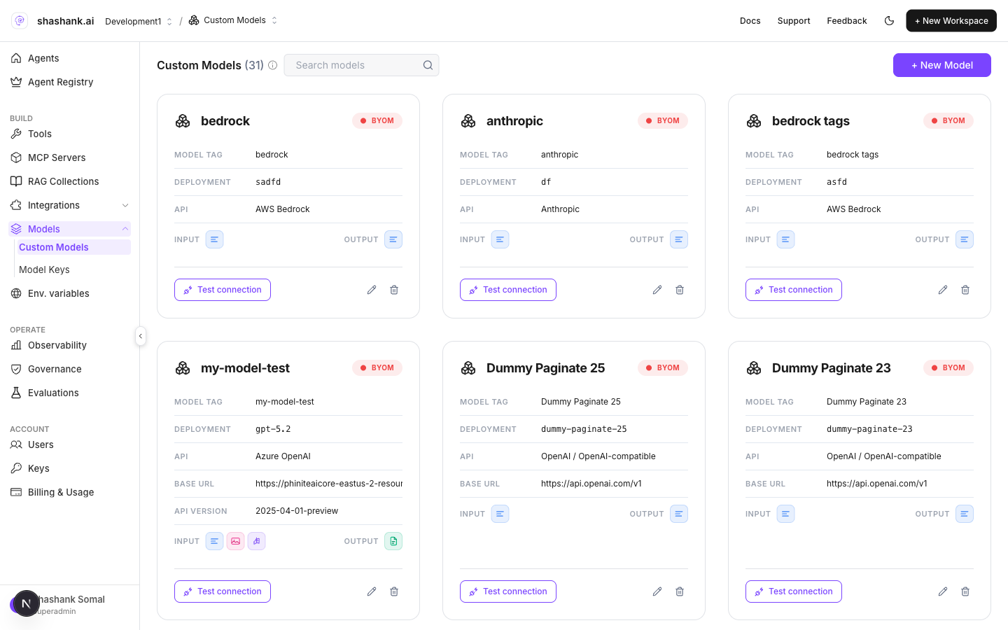 Custom Models workspace page