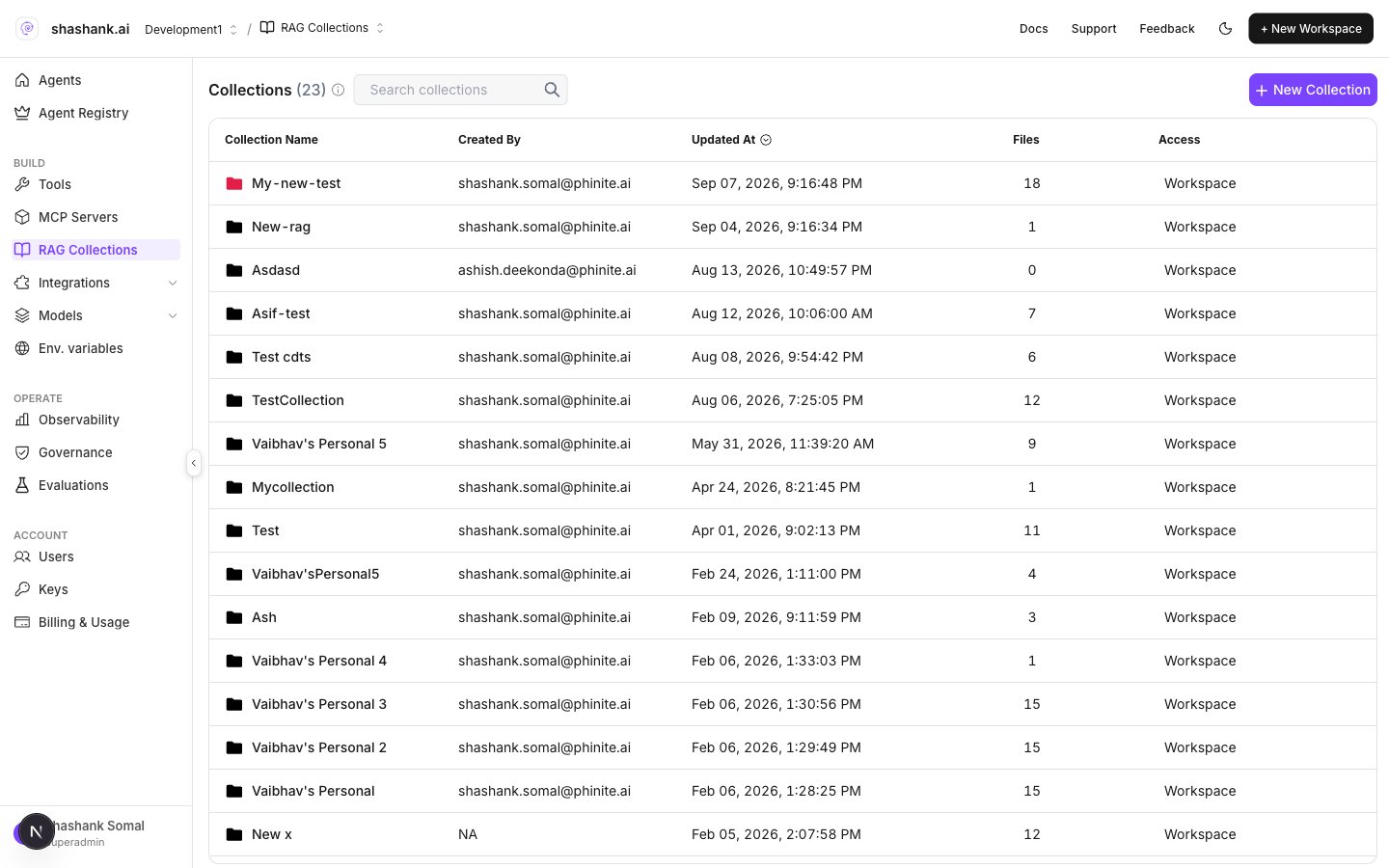 RAG Collections list with search and New Collection