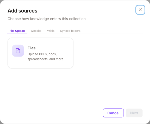 Add sources dialog with File Upload, Website, Wikis, Synced folders