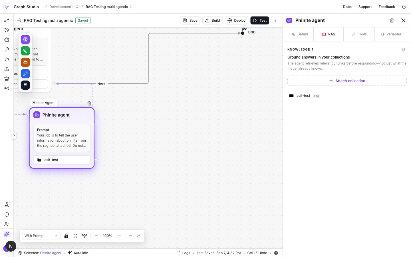 Phinite agent RAG tab with Attach collection and asif-test attached