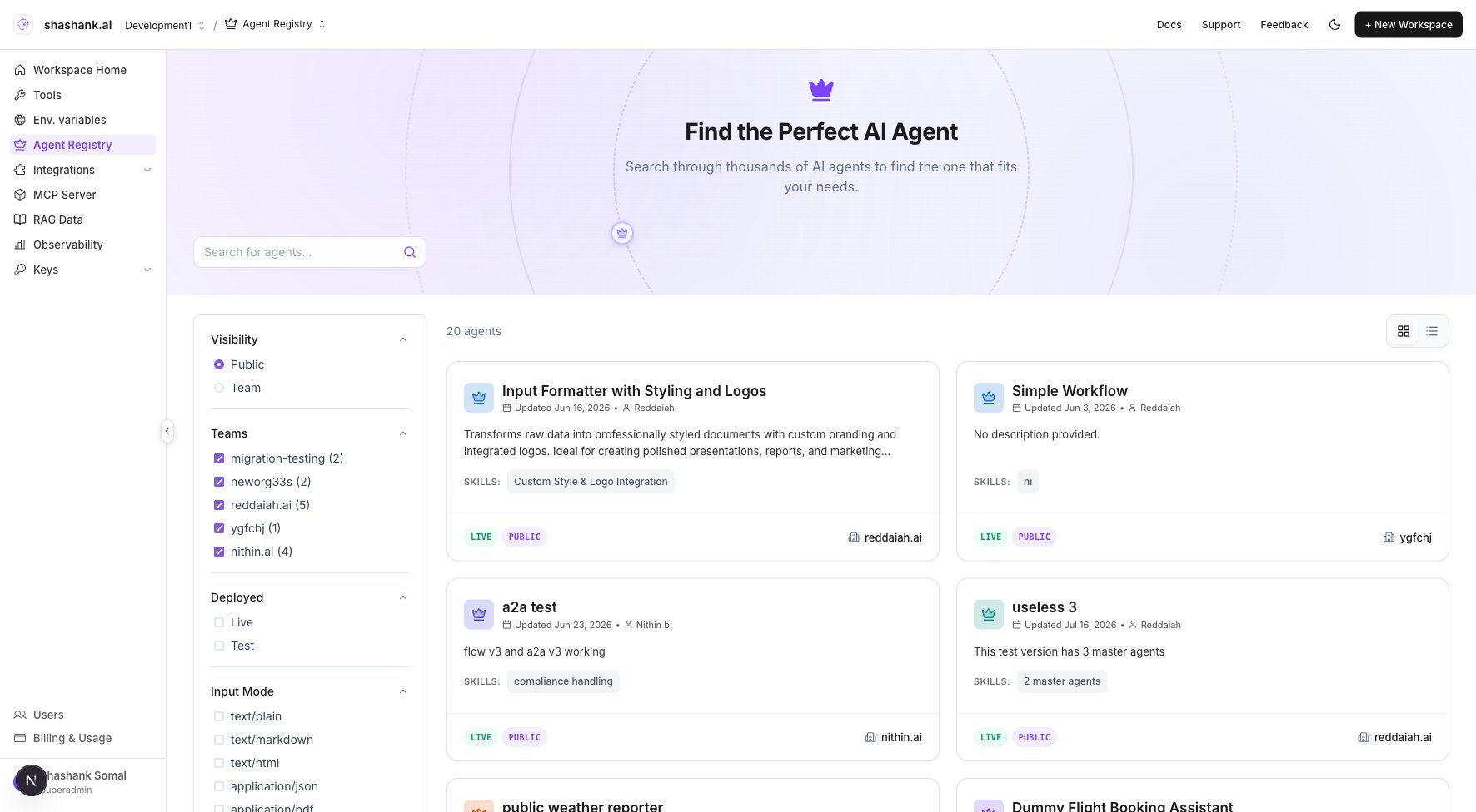 Agent Registry catalog with search and filters
