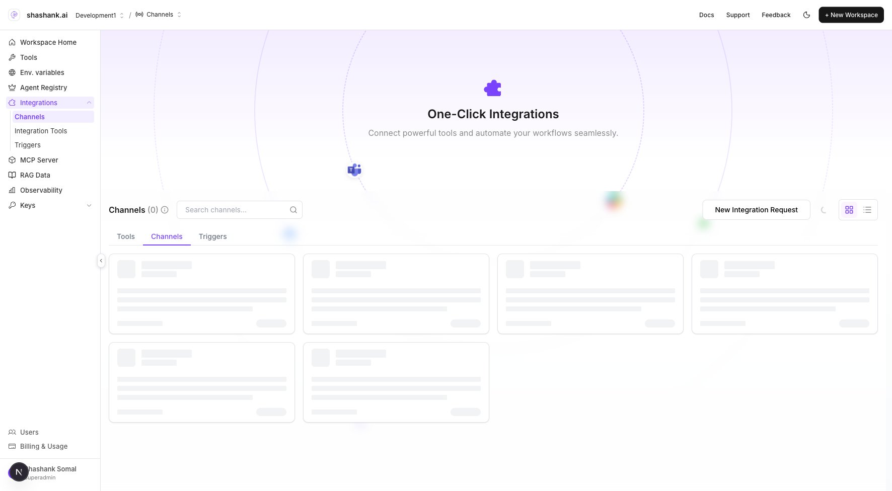 Workspace Integrations hub with channel and trigger tabs