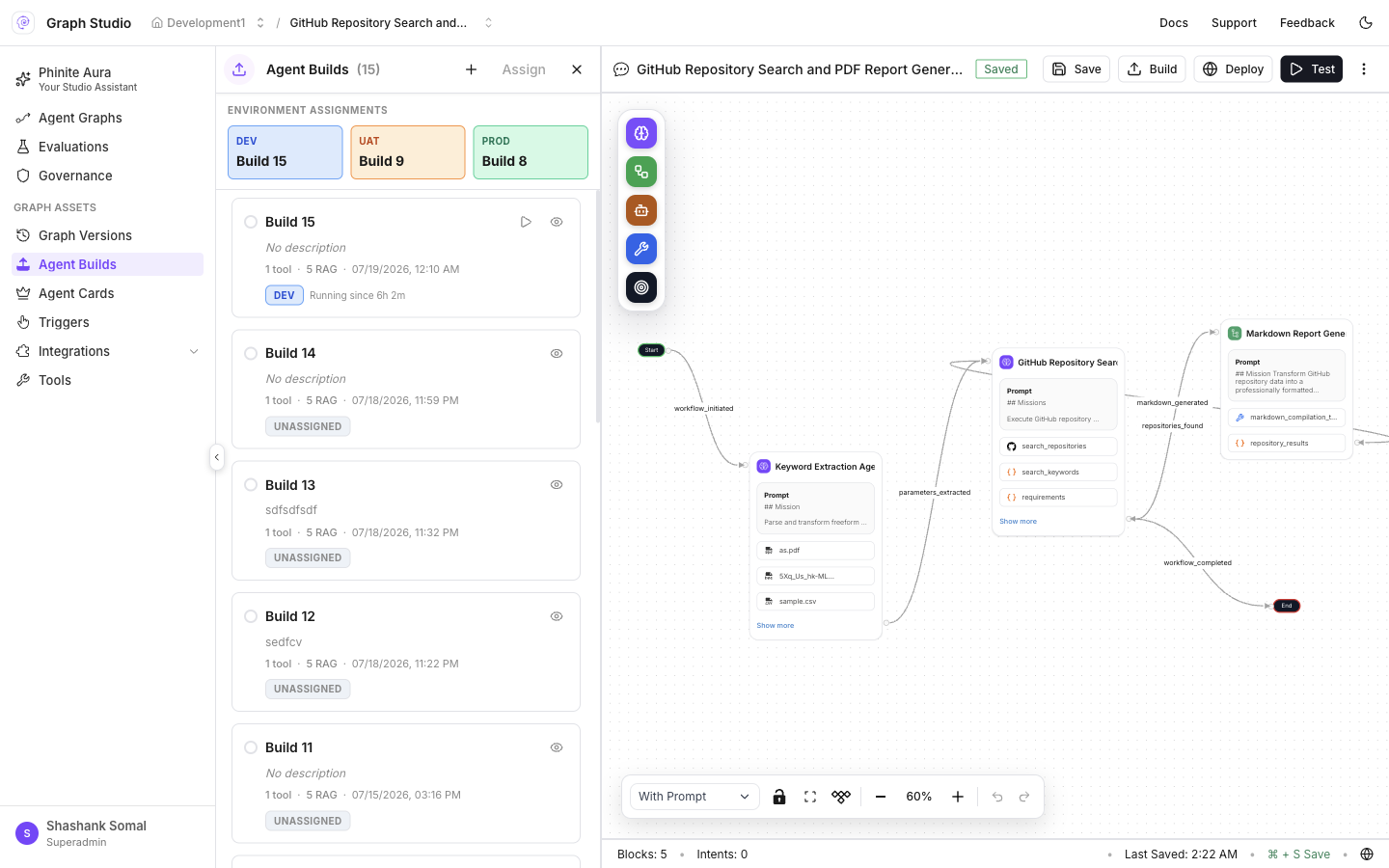 Agent Builds sidebar with environment assignments
