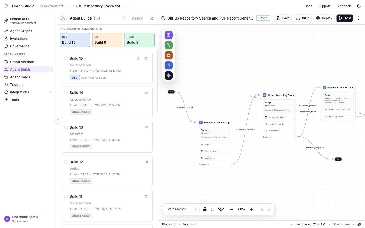 Agent Builds sidebar with environment assignments