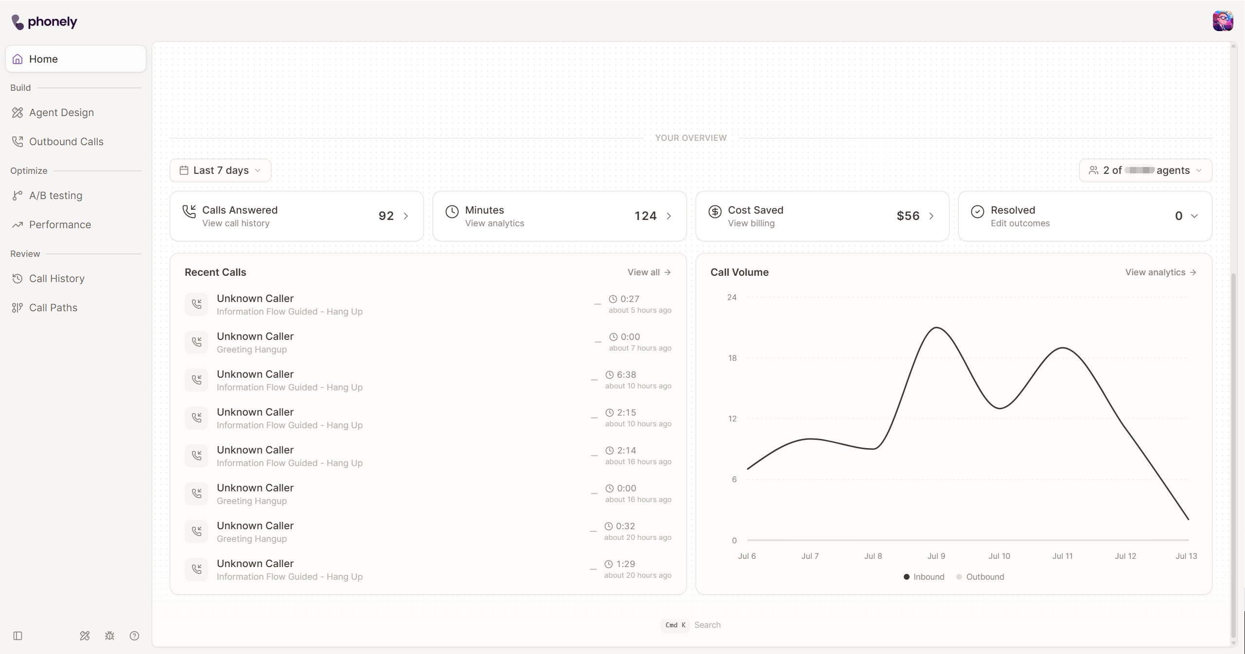 Home overview metrics, recent calls, and call volume for the selected date range and agents
